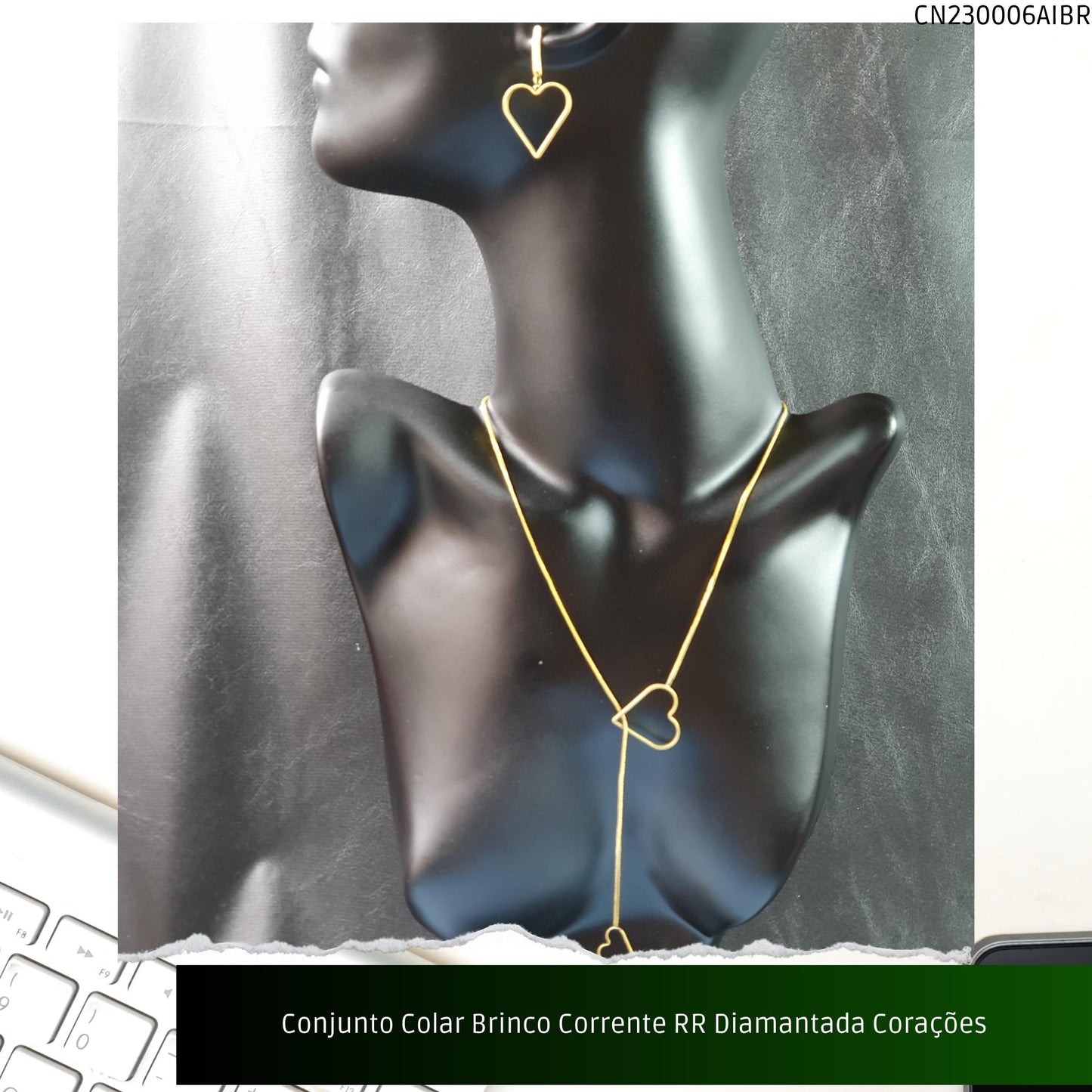 Conjunto Colar Brinco Corrente RR Diamantada Corações  - Código.: CN230006AIBR  - Peso.: 8.5 gr