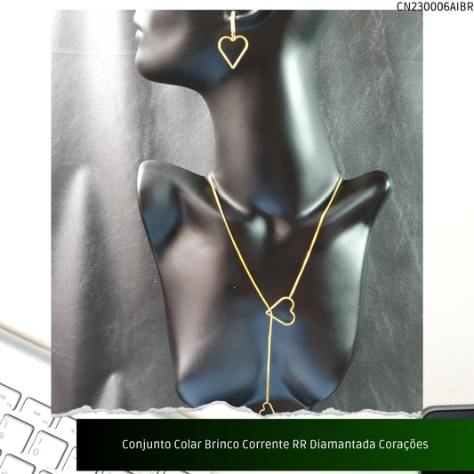 Conjunto Colar Brinco Corrente RR Diamantada Corações  - Código.: CN230006AIBR  - Peso.: 8.5 gr