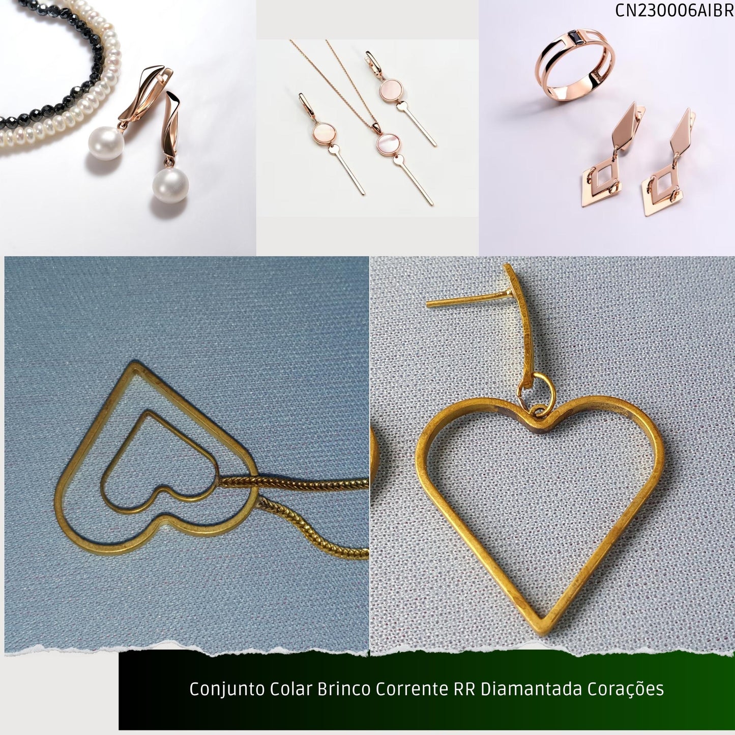 Conjunto Colar Brinco Corrente RR Diamantada Corações  - Código.: CN230006AIBR  - Peso.: 8.5 gr