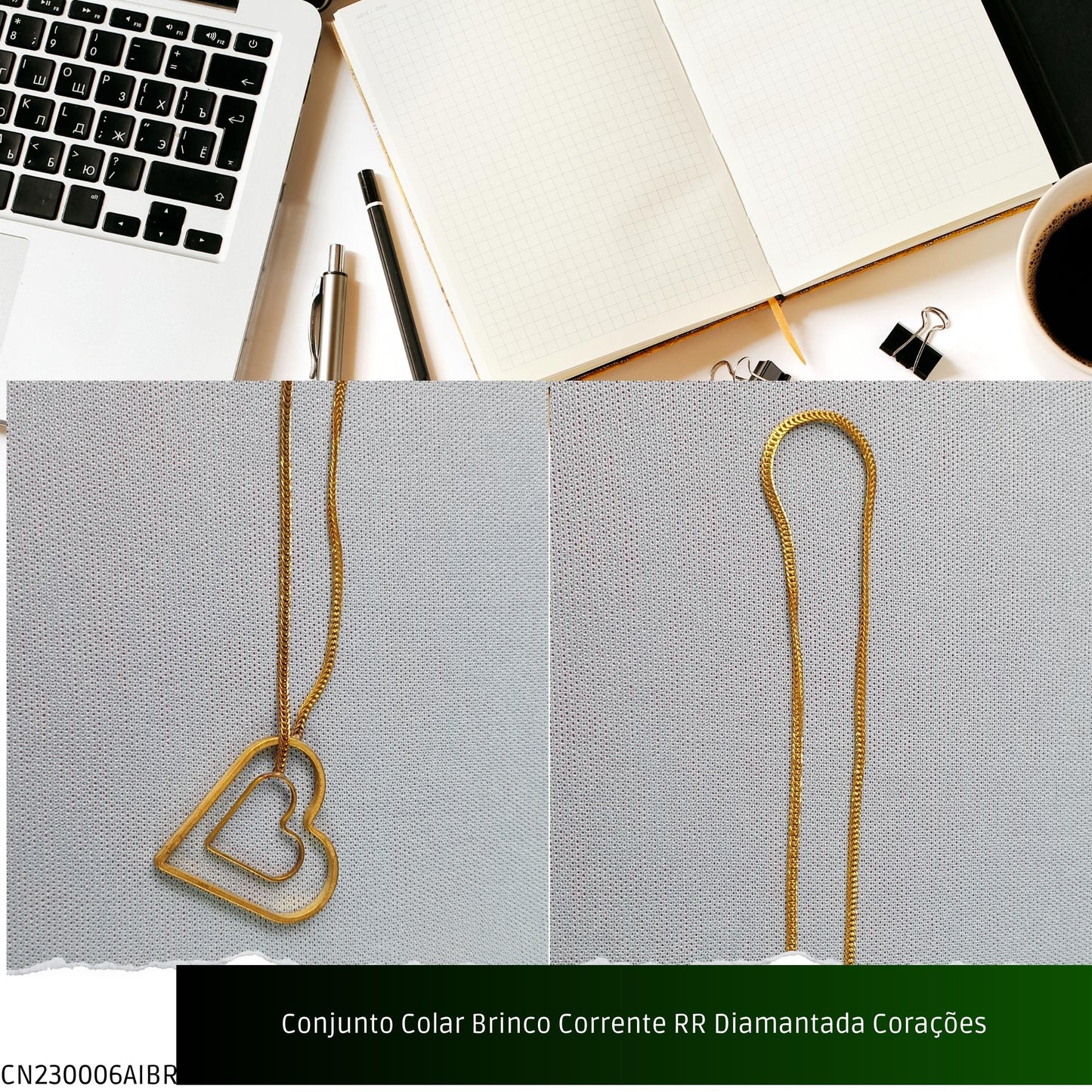 Conjunto Colar Brinco Corrente RR Diamantada Corações  - Código.: CN230006AIBR  - Peso.: 8.5 gr