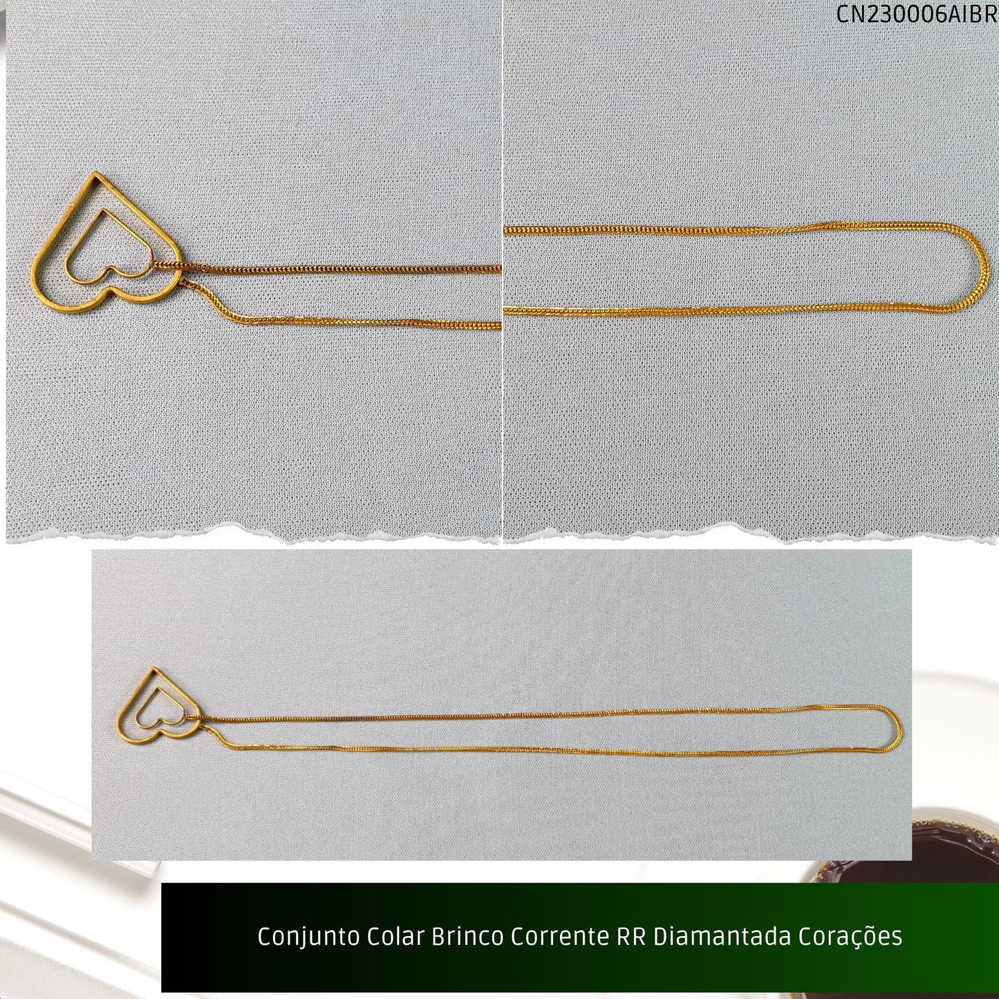 Conjunto Colar Brinco Corrente RR Diamantada Corações  - Código.: CN230006AIBR  - Peso.: 8.5 gr