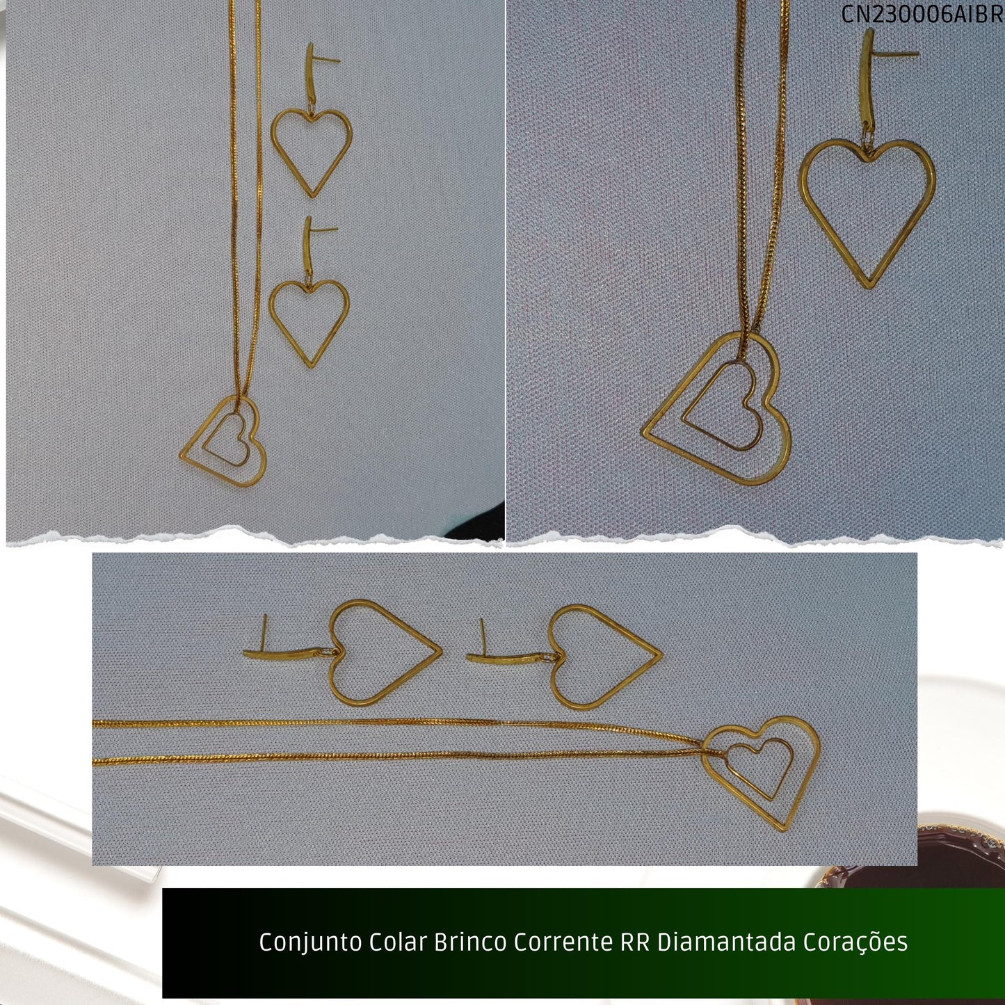 Conjunto Colar Brinco Corrente RR Diamantada Corações  - Código.: CN230006AIBR  - Peso.: 8.5 gr