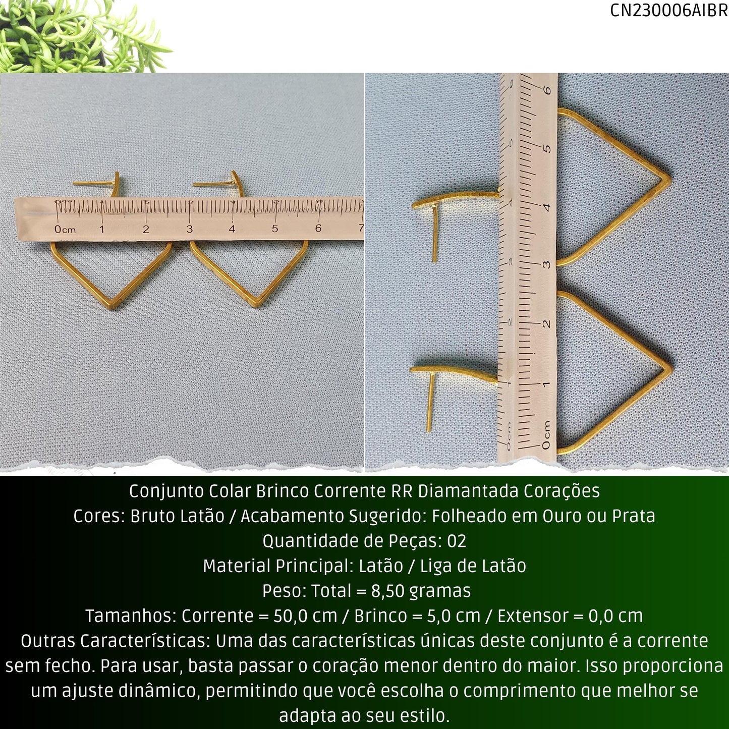Conjunto Colar Brinco Corrente RR Diamantada Corações  - Código.: CN230006AIBR  - Peso.: 8.5 gr