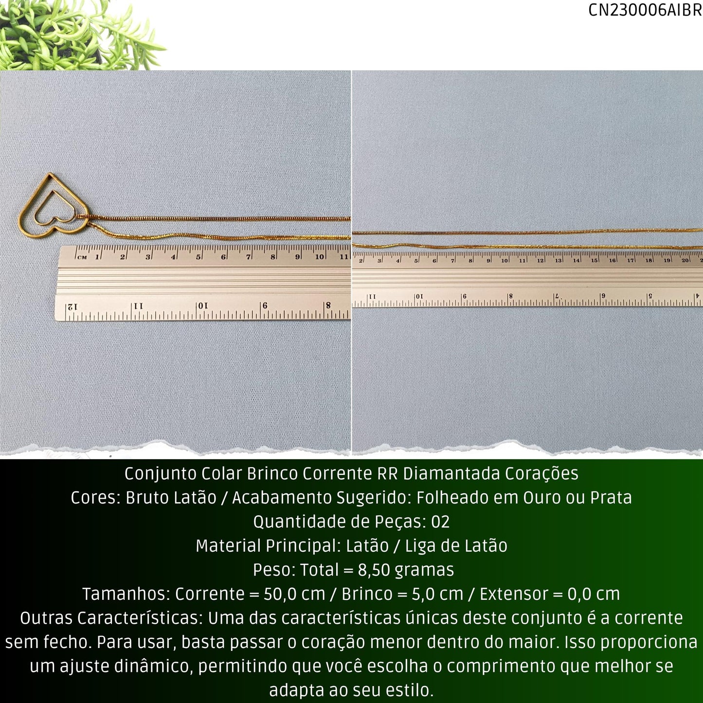 Conjunto Colar Brinco Corrente RR Diamantada Corações  - Código.: CN230006AIBR  - Peso.: 8.5 gr