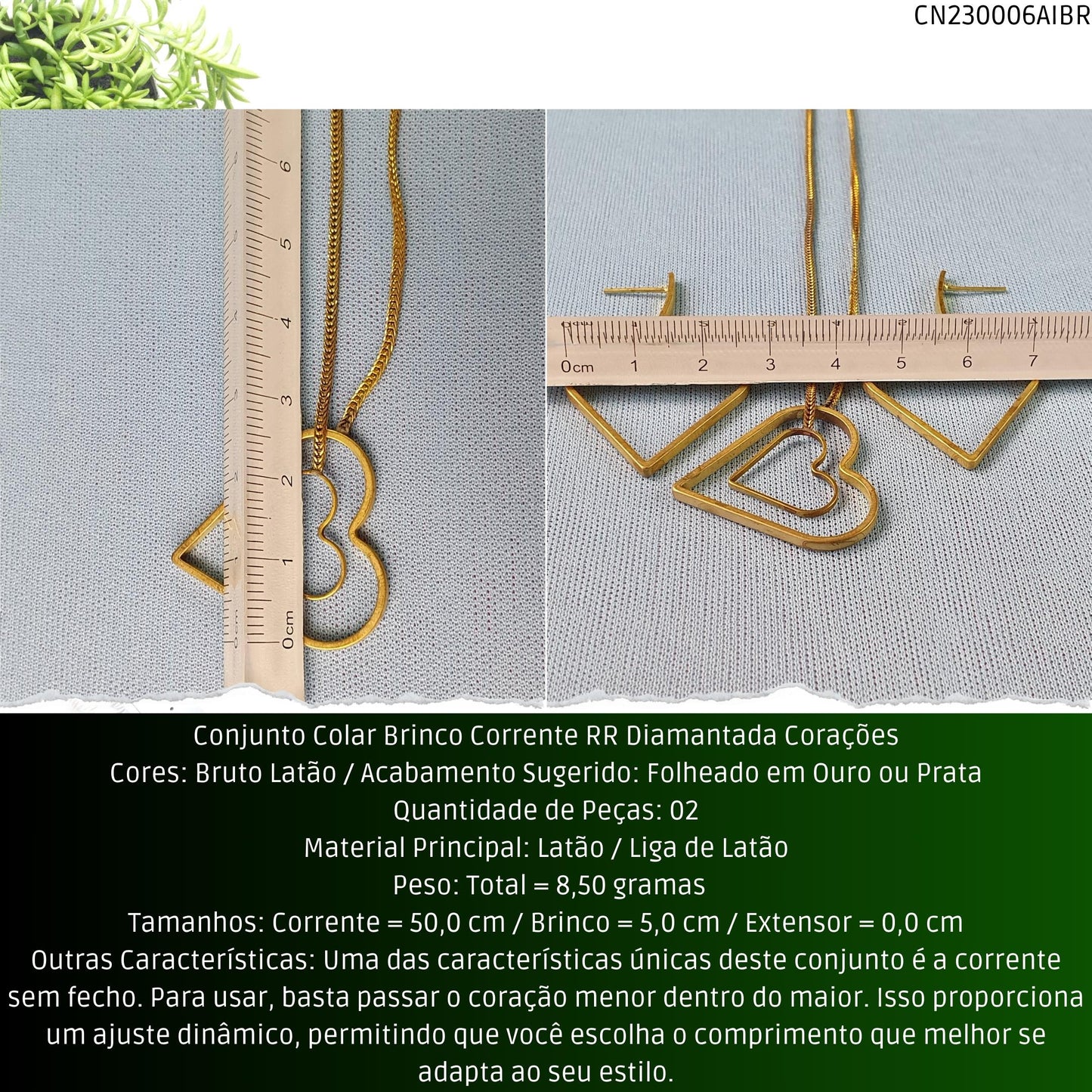 Conjunto Colar Brinco Corrente RR Diamantada Corações  - Código.: CN230006AIBR  - Peso.: 8.5 gr