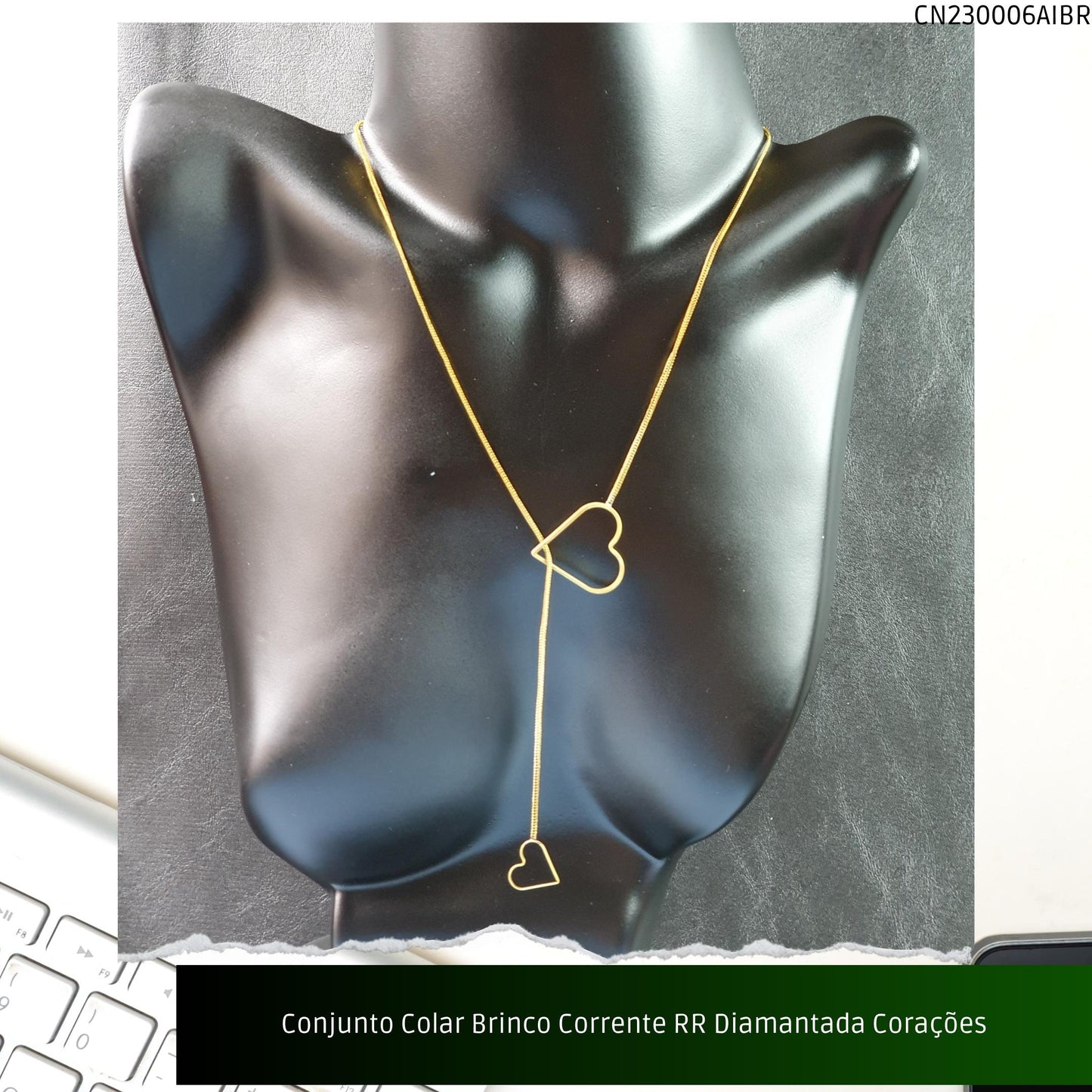 Conjunto Colar Brinco Corrente RR Diamantada Corações  - Código.: CN230006AIBR  - Peso.: 8.5 gr
