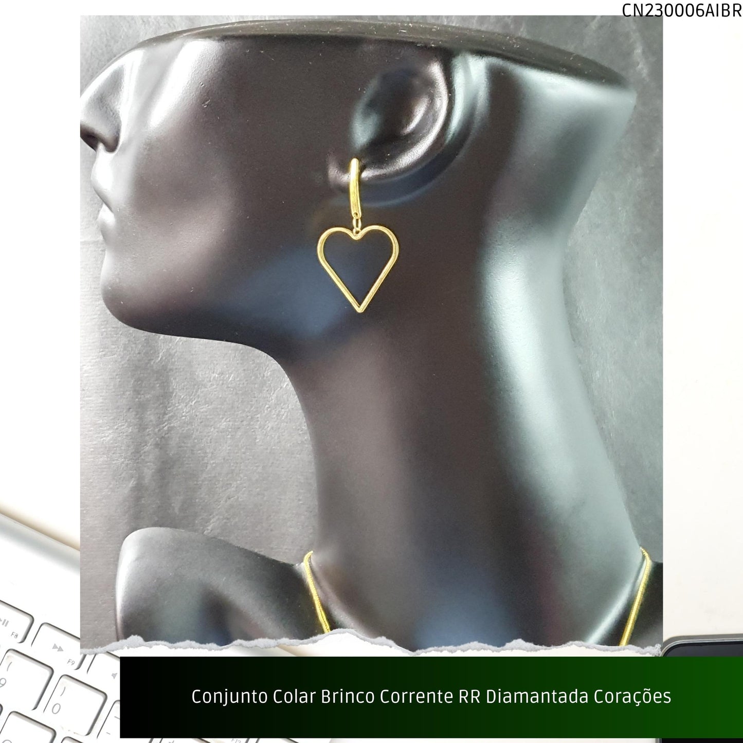 Conjunto Colar Brinco Corrente RR Diamantada Corações  - Código.: CN230006AIBR  - Peso.: 8.5 gr