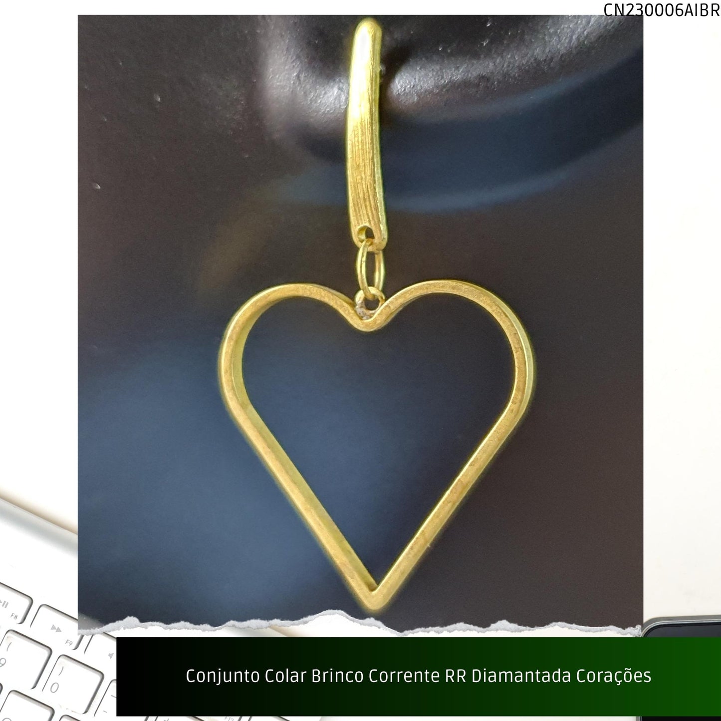 Conjunto Colar Brinco Corrente RR Diamantada Corações  - Código.: CN230006AIBR  - Peso.: 8.5 gr