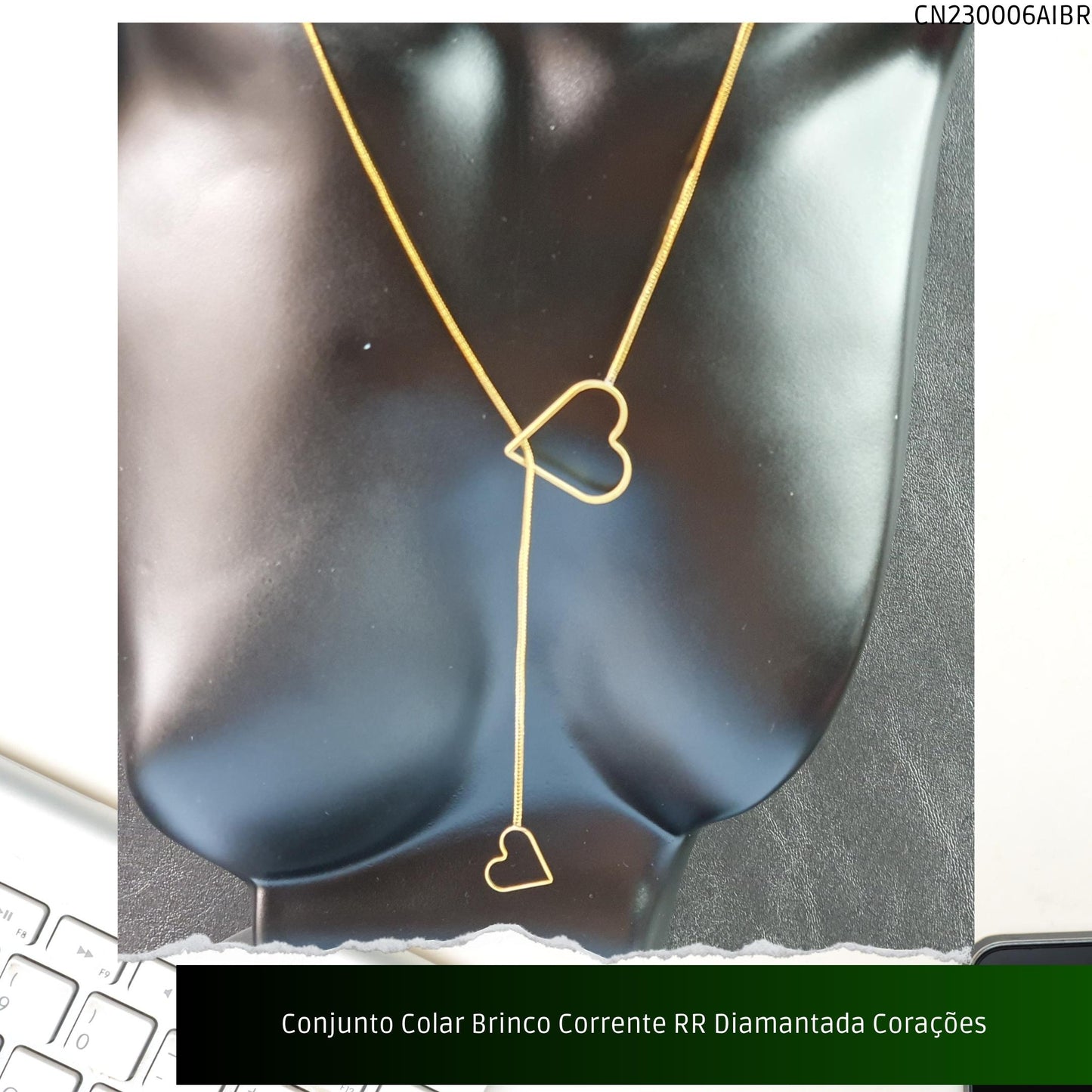 Conjunto Colar Brinco Corrente RR Diamantada Corações  - Código.: CN230006AIBR  - Peso.: 8.5 gr