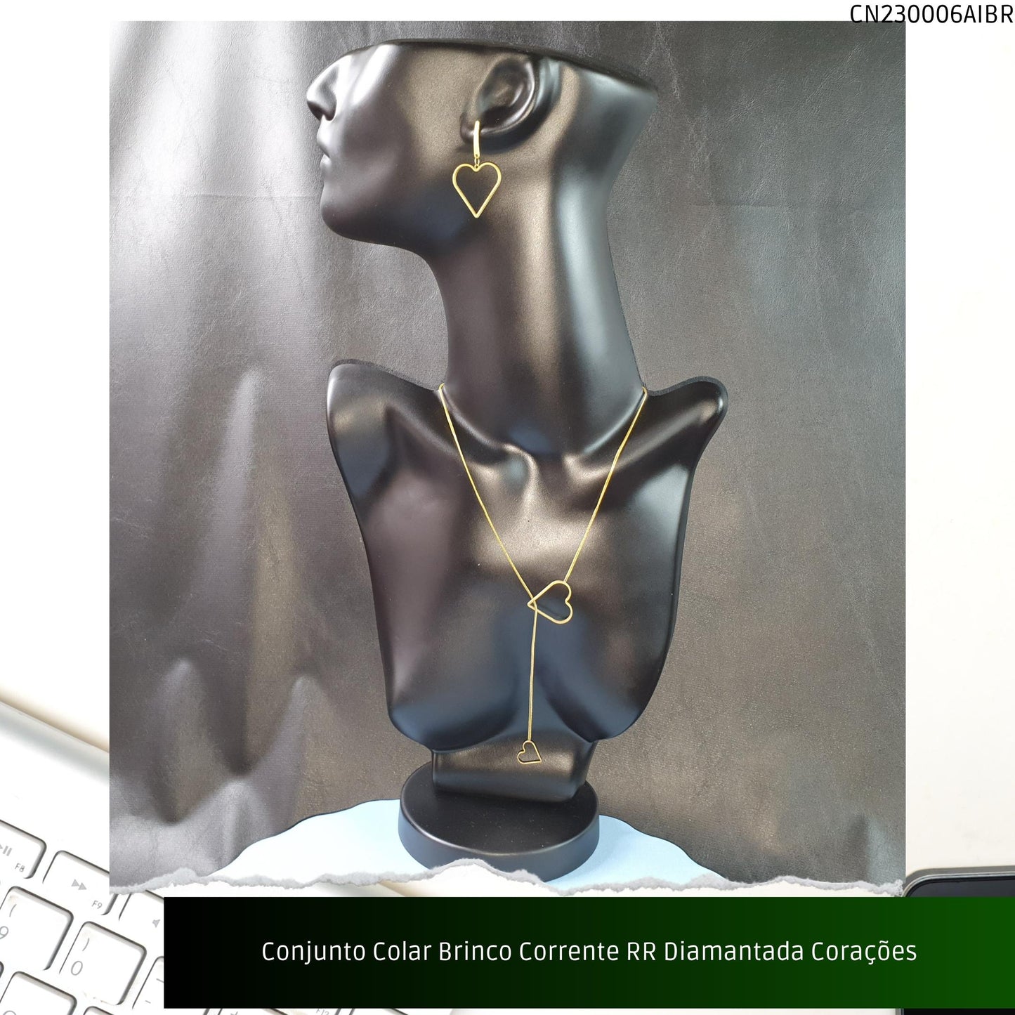 Conjunto Colar Brinco Corrente RR Diamantada Corações  - Código.: CN230006AIBR  - Peso.: 8.5 gr
