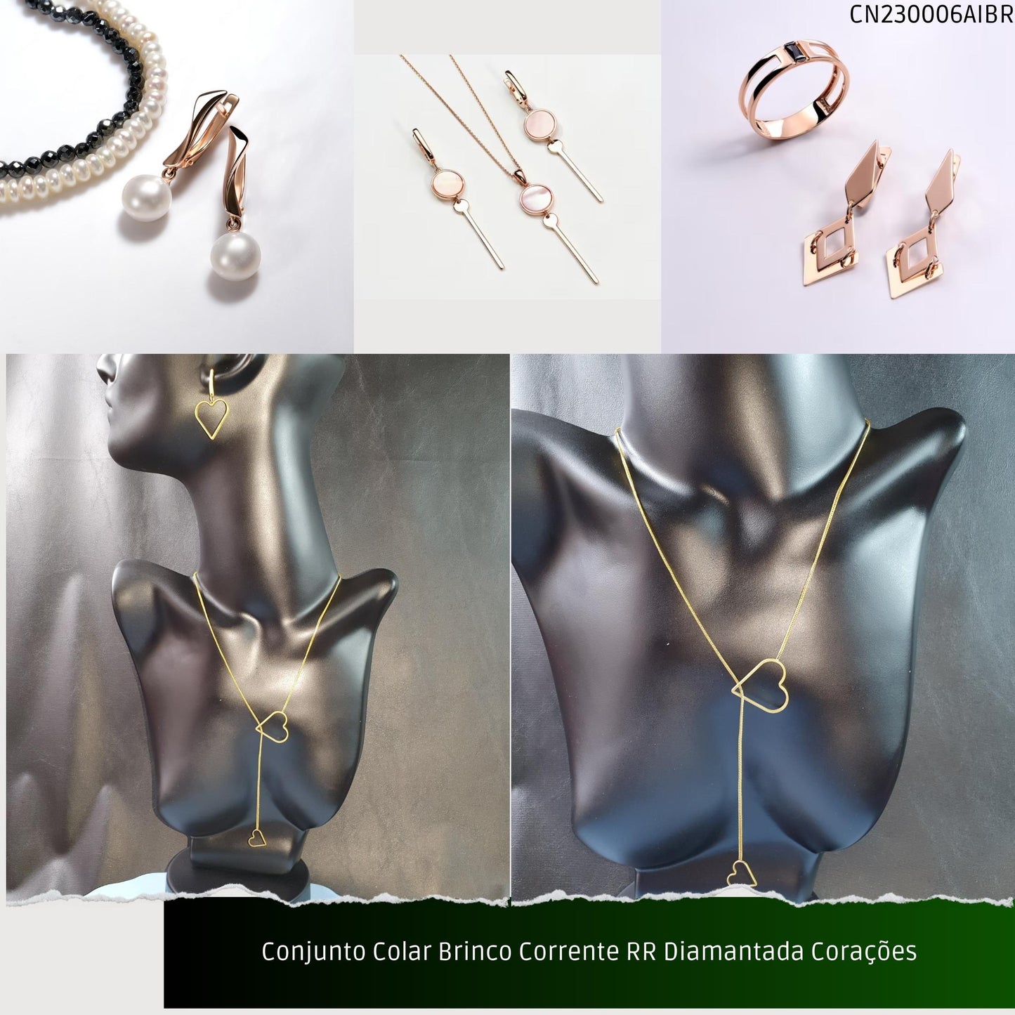 Conjunto Colar Brinco Corrente RR Diamantada Corações  - Código.: CN230006AIBR  - Peso.: 8.5 gr