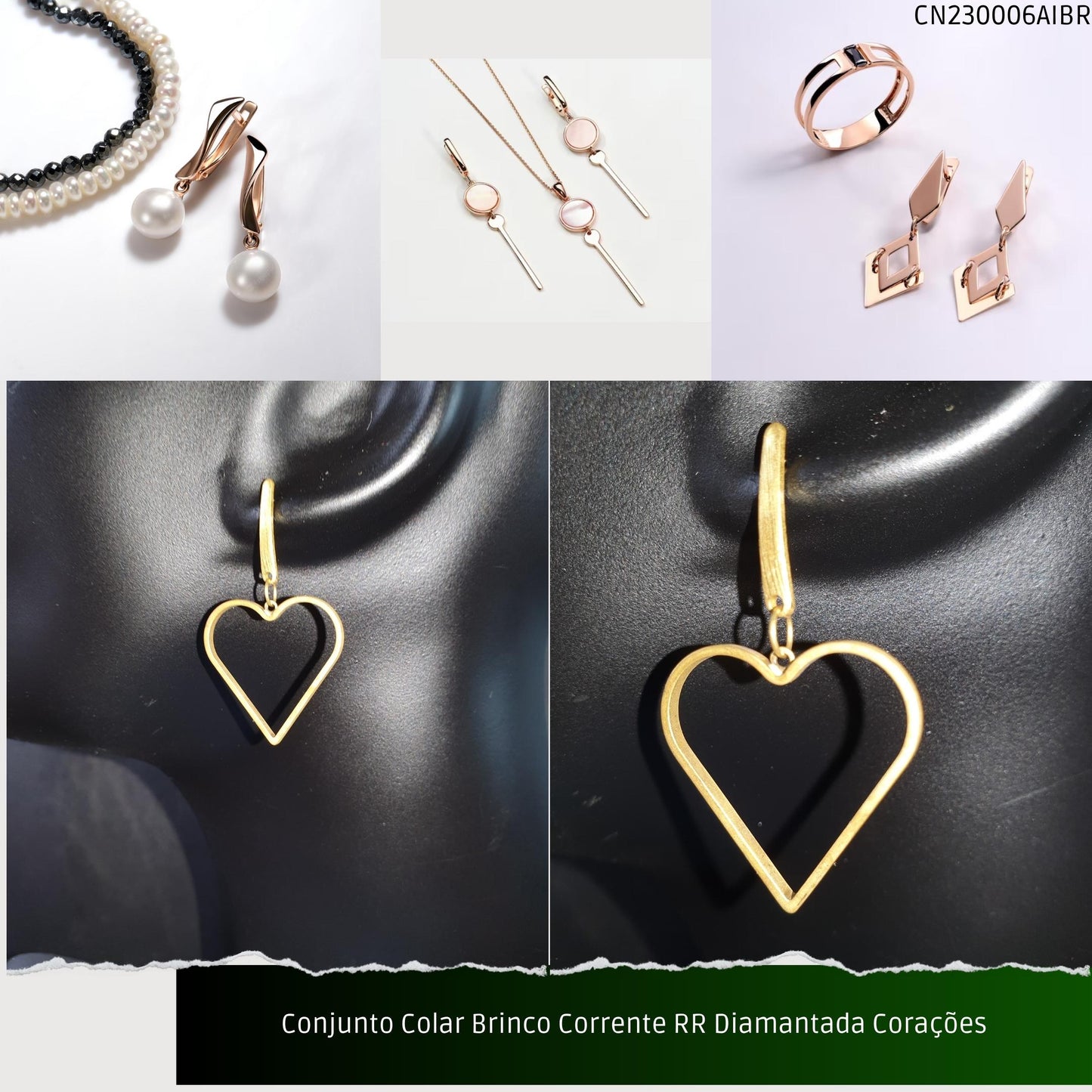Conjunto Colar Brinco Corrente RR Diamantada Corações  - Código.: CN230006AIBR  - Peso.: 8.5 gr