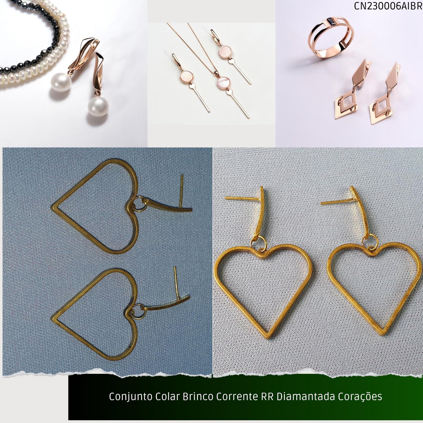 Conjunto Colar Brinco Corrente RR Diamantada Corações  - Código.: CN230006AIBR  - Peso.: 8.5 gr