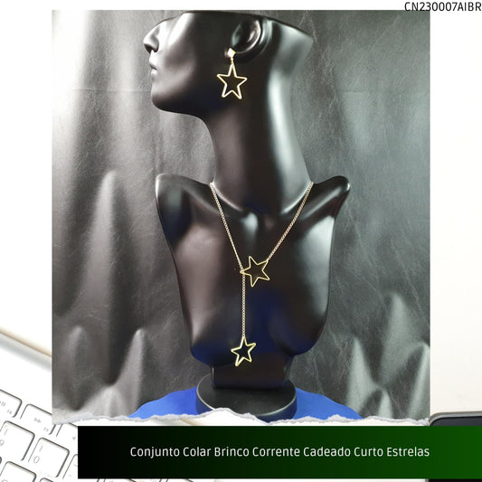 Conjunto Colar Brinco Corrente Cadeado Curto Estrelas  - Código.: CN230007AIBR  - Peso.: 12.6 gr