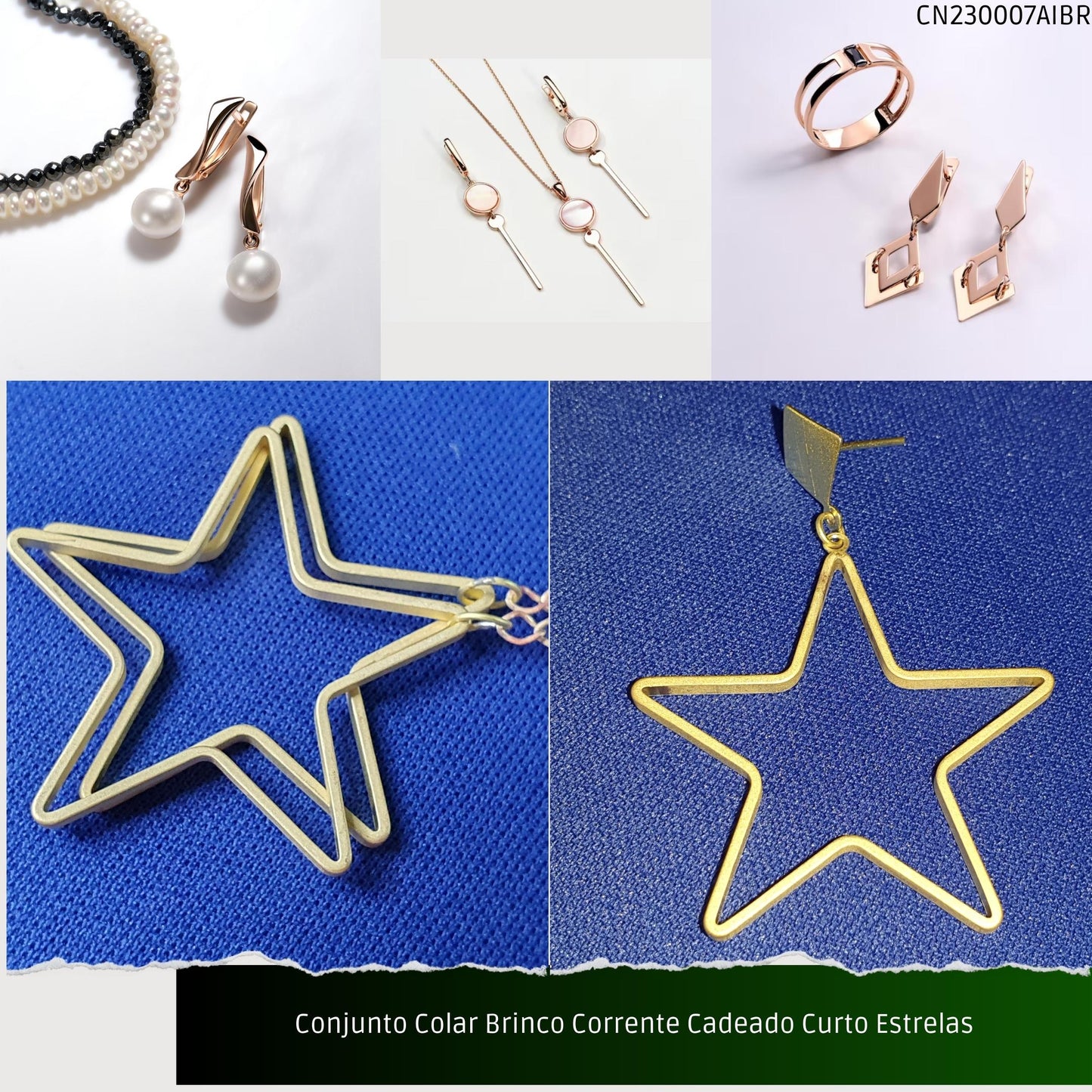 Conjunto Colar Brinco Corrente Cadeado Curto Estrelas  - Código.: CN230007AIBR  - Peso.: 12.6 gr