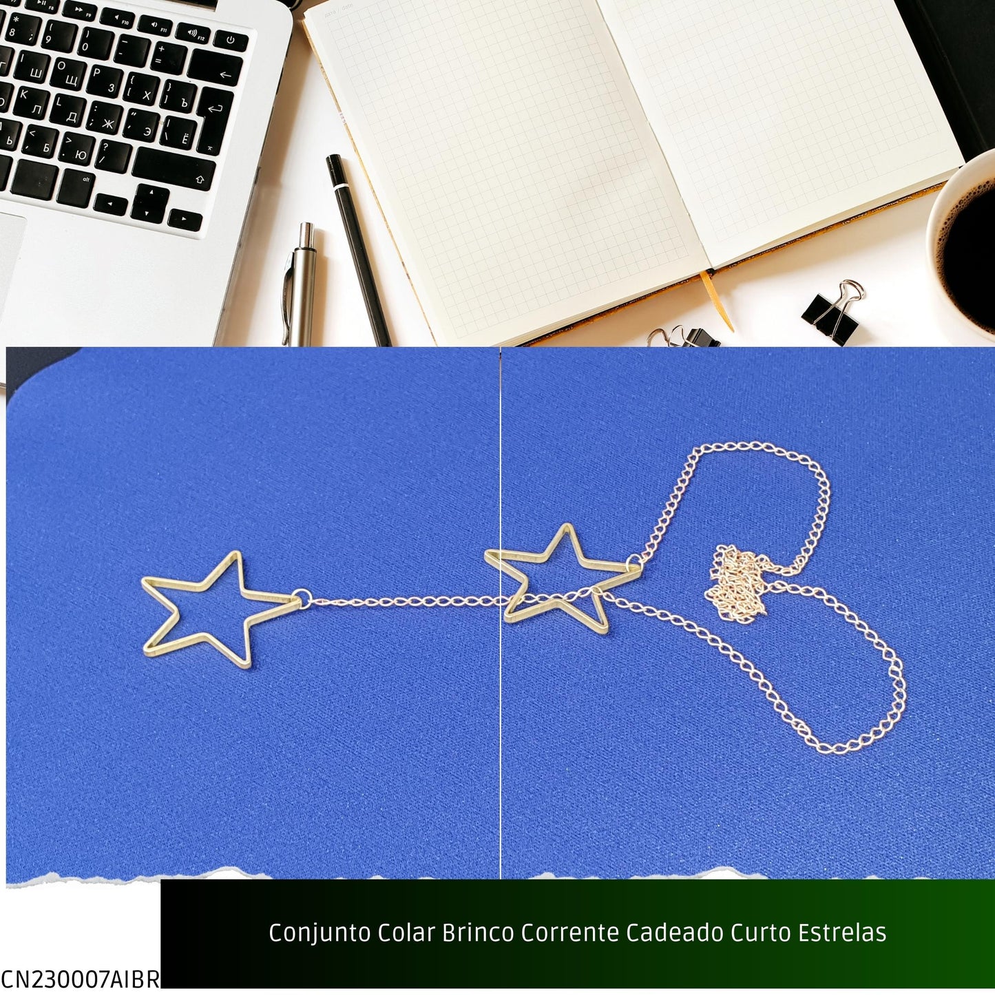 Conjunto Colar Brinco Corrente Cadeado Curto Estrelas  - Código.: CN230007AIBR  - Peso.: 12.6 gr