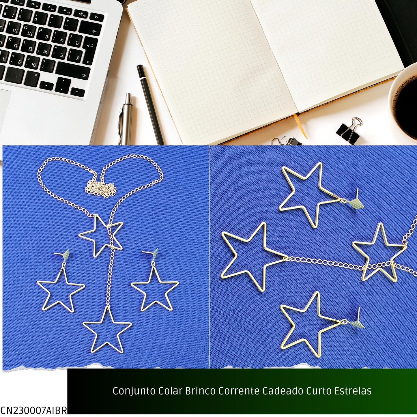 Conjunto Colar Brinco Corrente Cadeado Curto Estrelas  - Código.: CN230007AIBR  - Peso.: 12.6 gr