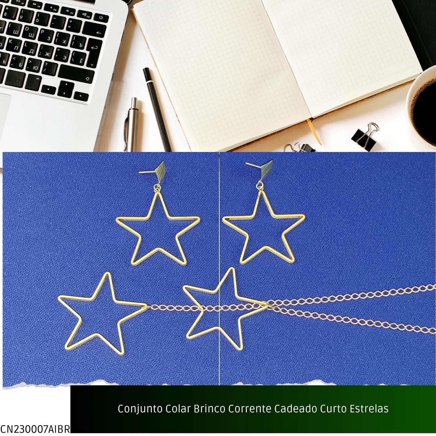 Conjunto Colar Brinco Corrente Cadeado Curto Estrelas  - Código.: CN230007AIBR  - Peso.: 12.6 gr