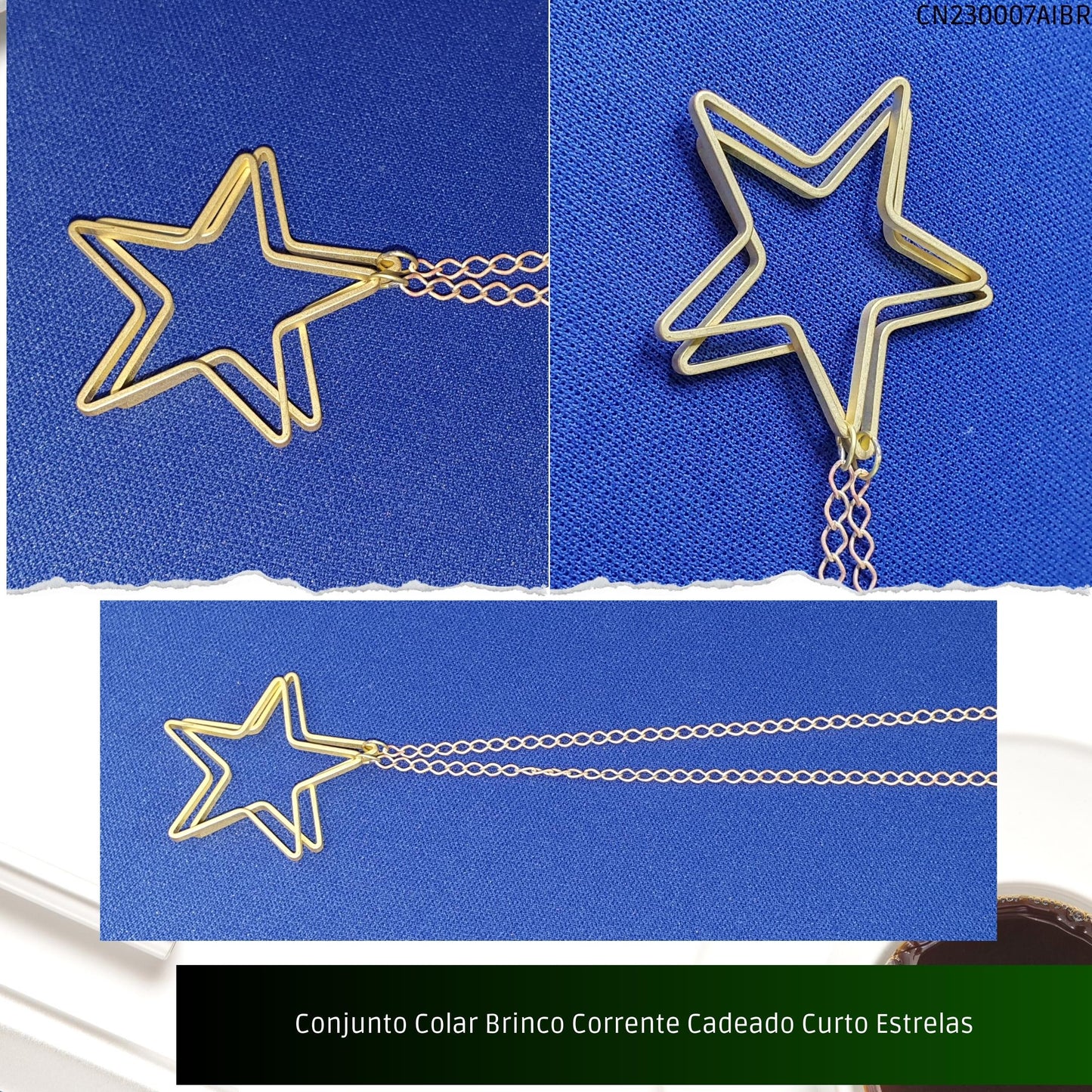 Conjunto Colar Brinco Corrente Cadeado Curto Estrelas  - Código.: CN230007AIBR  - Peso.: 12.6 gr