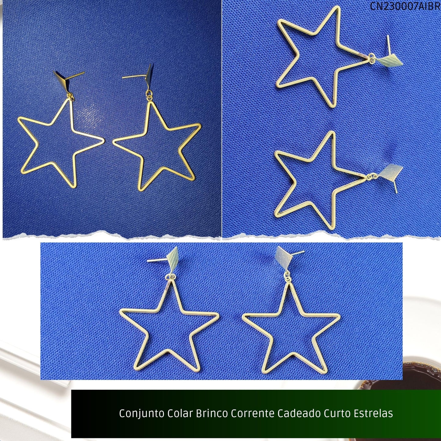 Conjunto Colar Brinco Corrente Cadeado Curto Estrelas  - Código.: CN230007AIBR  - Peso.: 12.6 gr