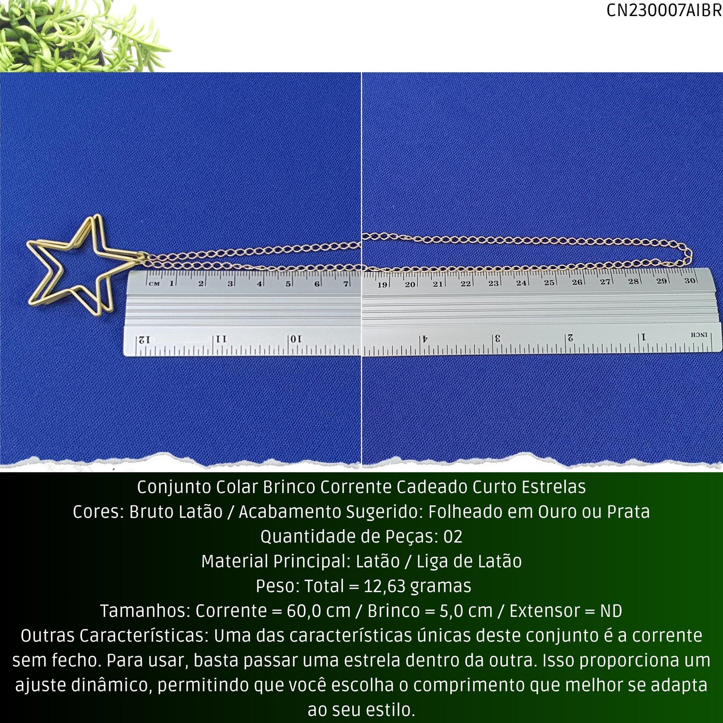 Conjunto Colar Brinco Corrente Cadeado Curto Estrelas  - Código.: CN230007AIBR  - Peso.: 12.6 gr