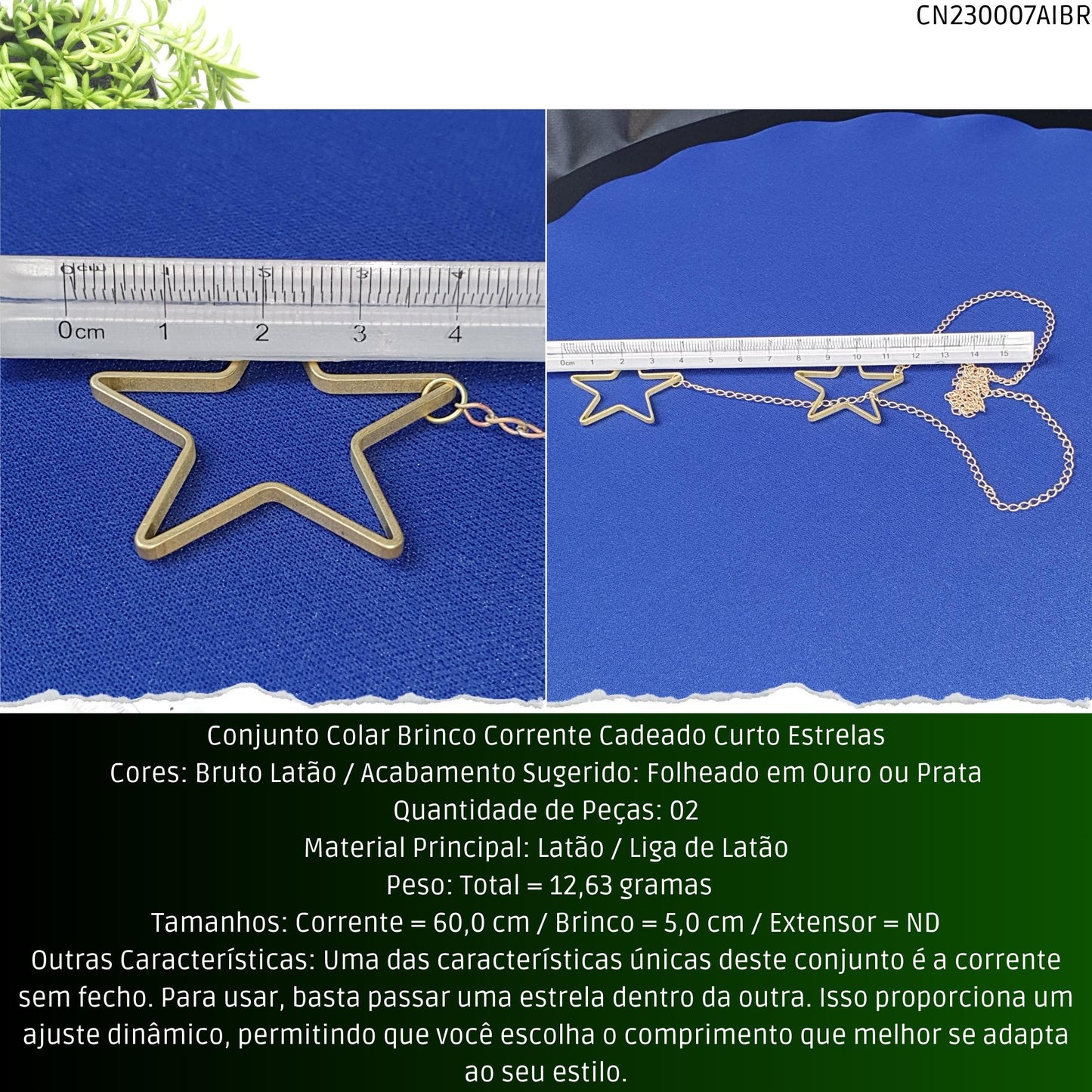 Conjunto Colar Brinco Corrente Cadeado Curto Estrelas  - Código.: CN230007AIBR  - Peso.: 12.6 gr