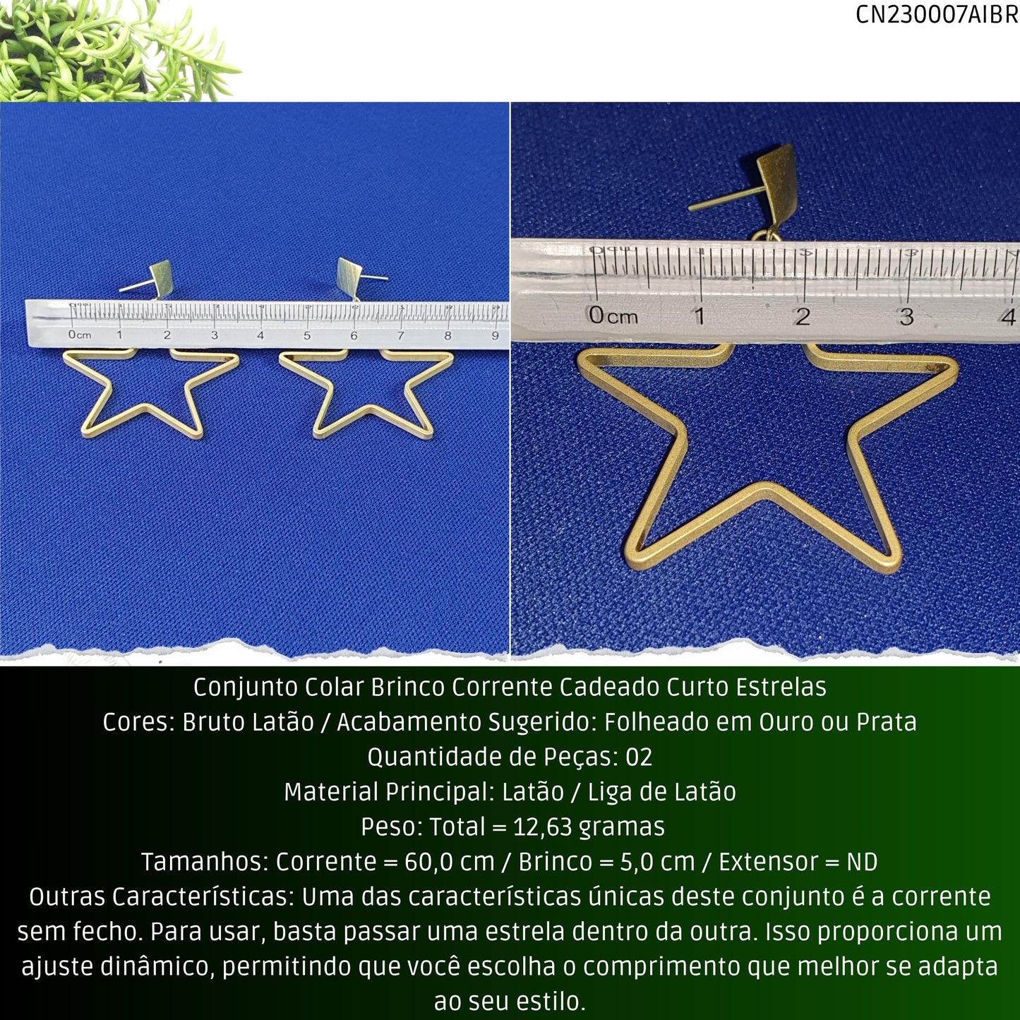 Conjunto Colar Brinco Corrente Cadeado Curto Estrelas  - Código.: CN230007AIBR  - Peso.: 12.6 gr
