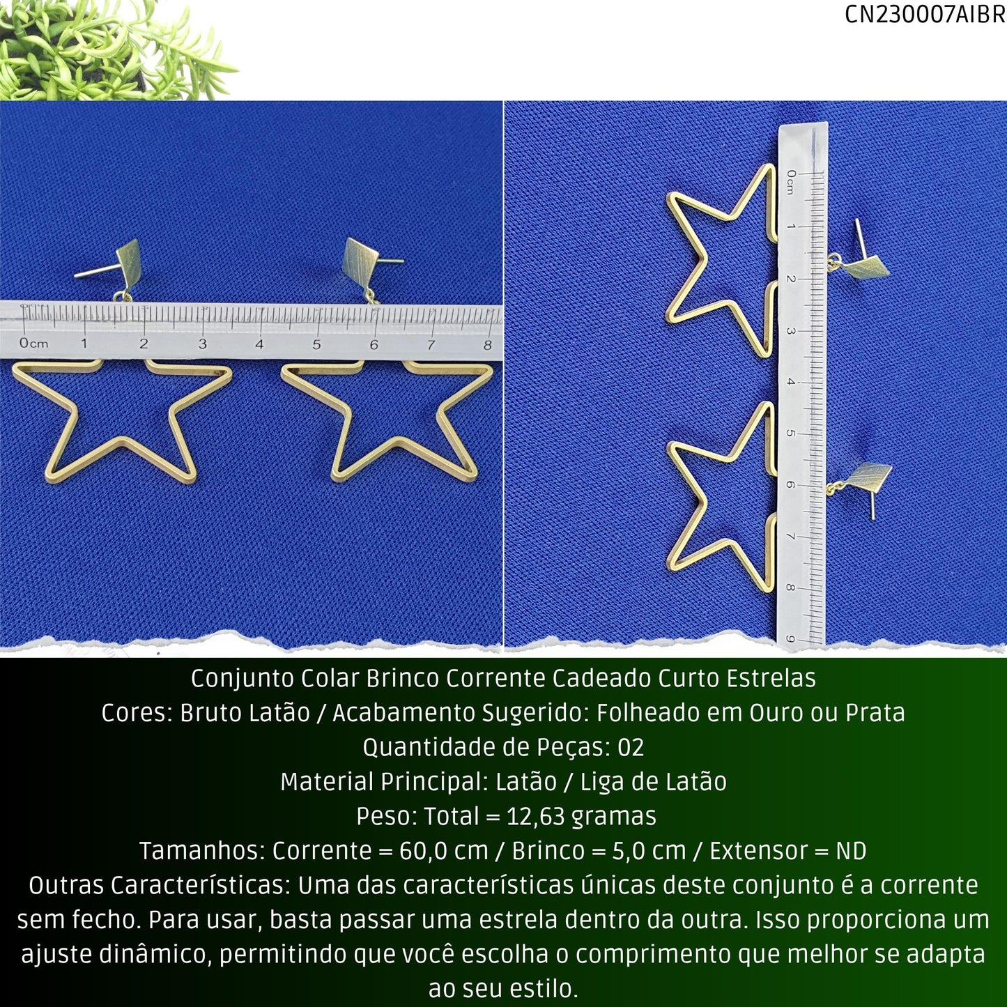 Conjunto Colar Brinco Corrente Cadeado Curto Estrelas  - Código.: CN230007AIBR  - Peso.: 12.6 gr