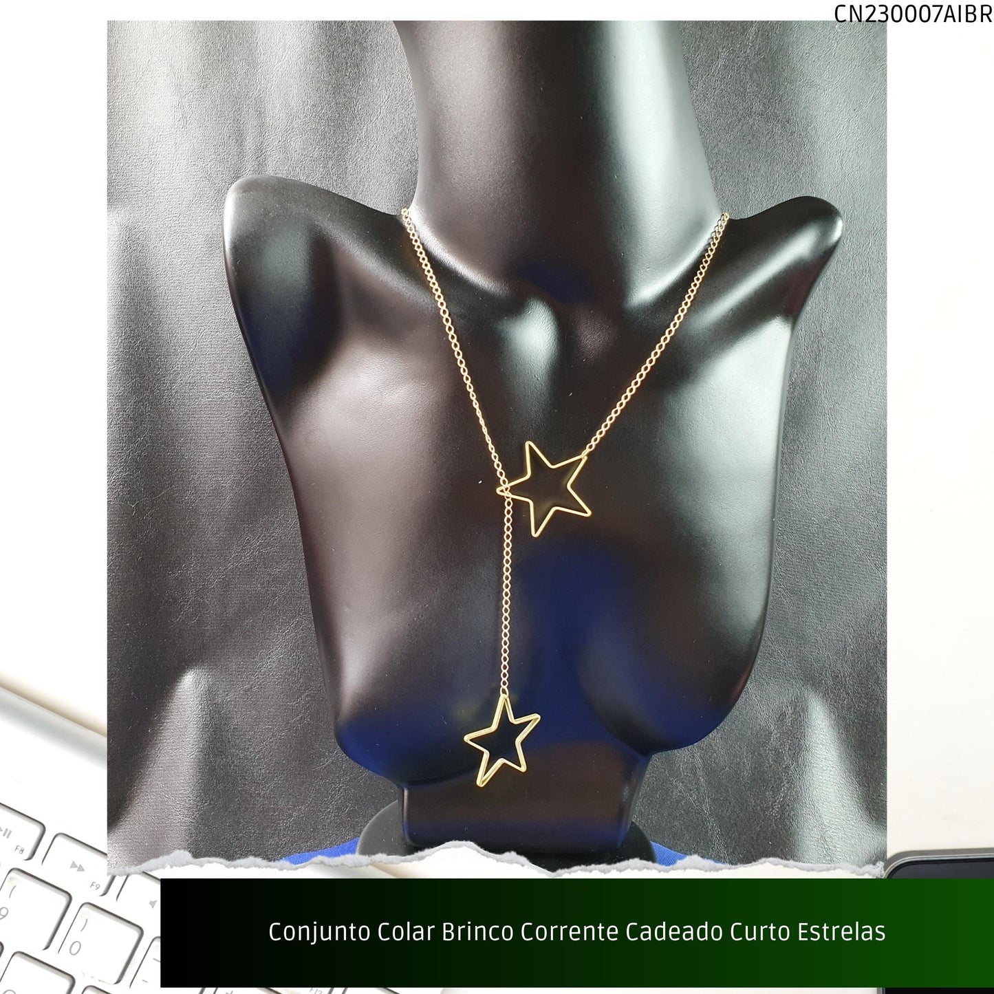 Conjunto Colar Brinco Corrente Cadeado Curto Estrelas  - Código.: CN230007AIBR  - Peso.: 12.6 gr