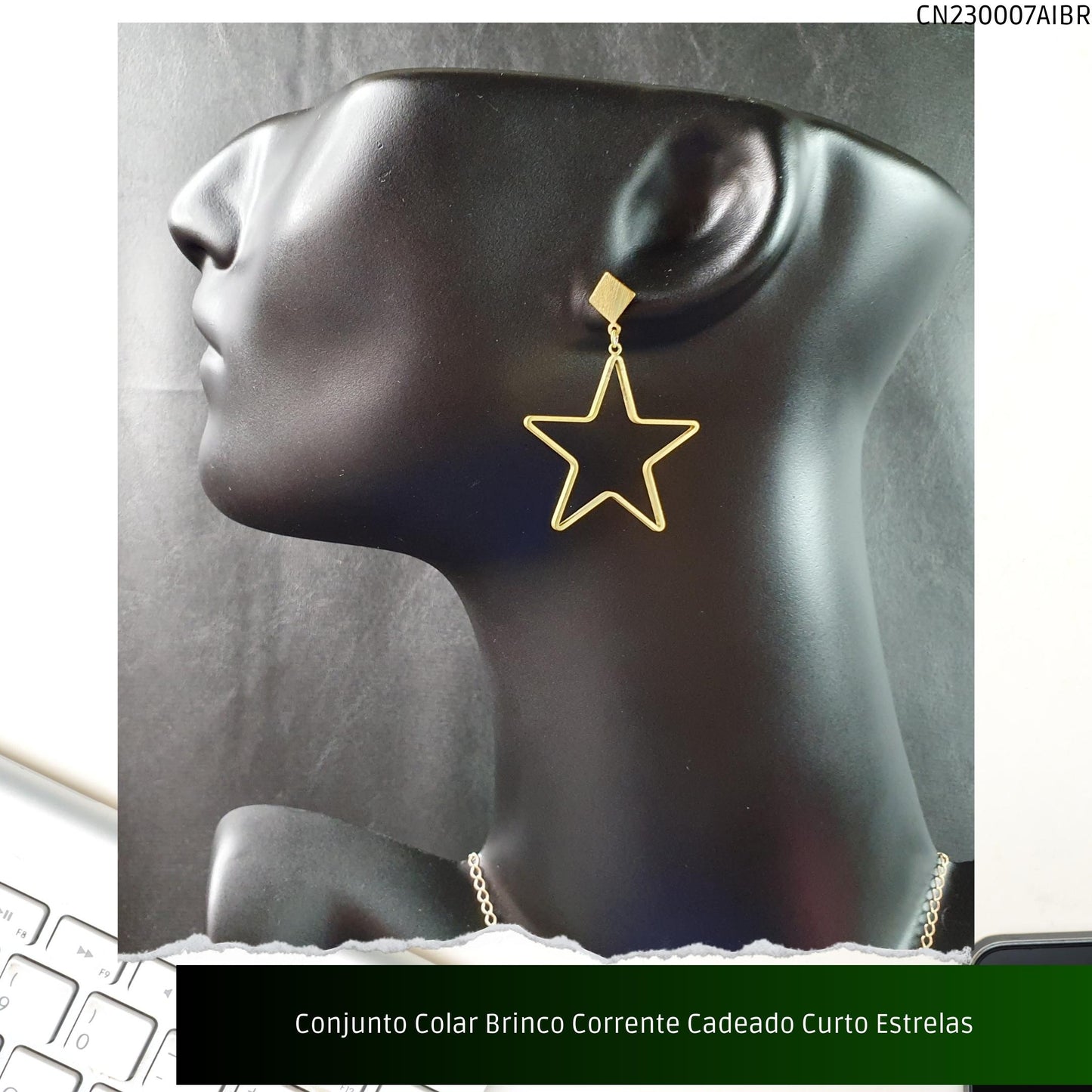 Conjunto Colar Brinco Corrente Cadeado Curto Estrelas  - Código.: CN230007AIBR  - Peso.: 12.6 gr