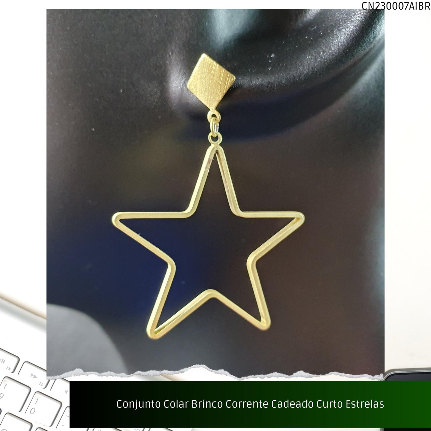 Conjunto Colar Brinco Corrente Cadeado Curto Estrelas  - Código.: CN230007AIBR  - Peso.: 12.6 gr