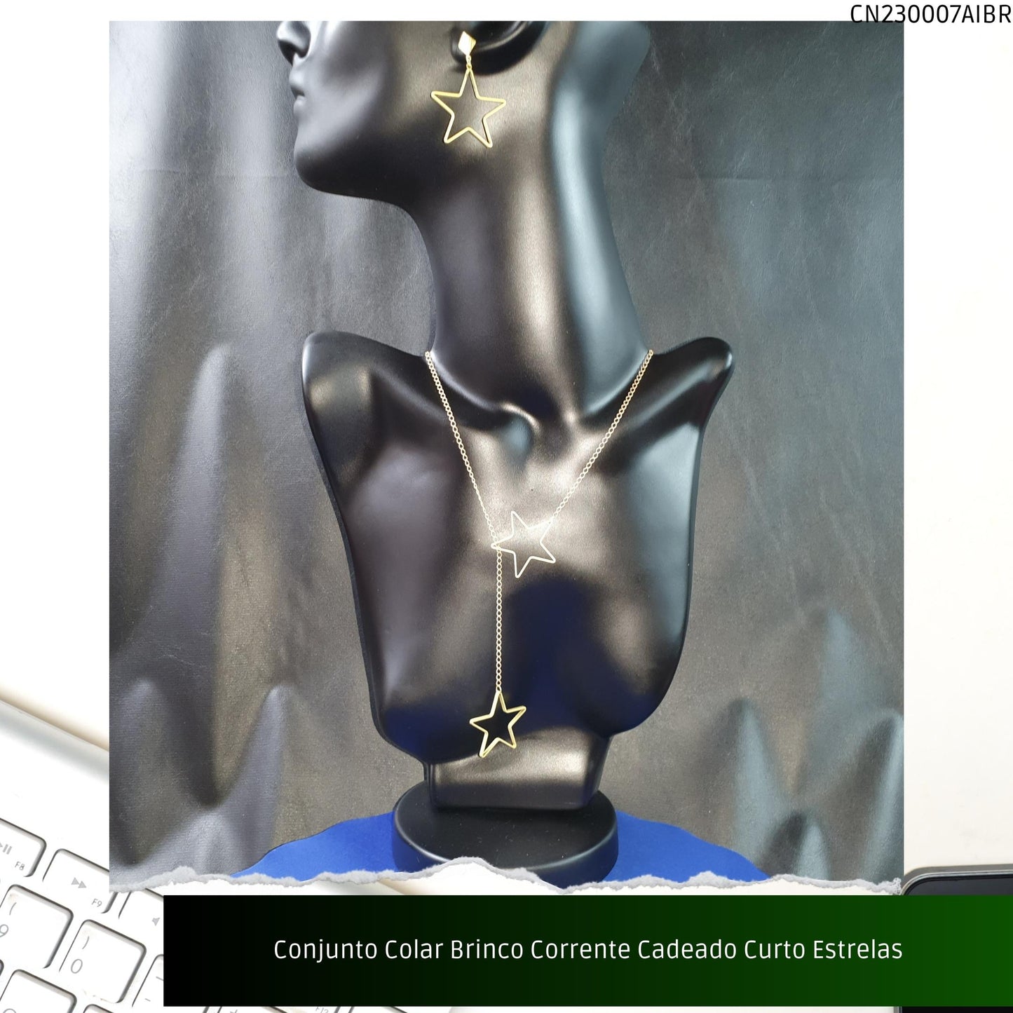 Conjunto Colar Brinco Corrente Cadeado Curto Estrelas  - Código.: CN230007AIBR  - Peso.: 12.6 gr