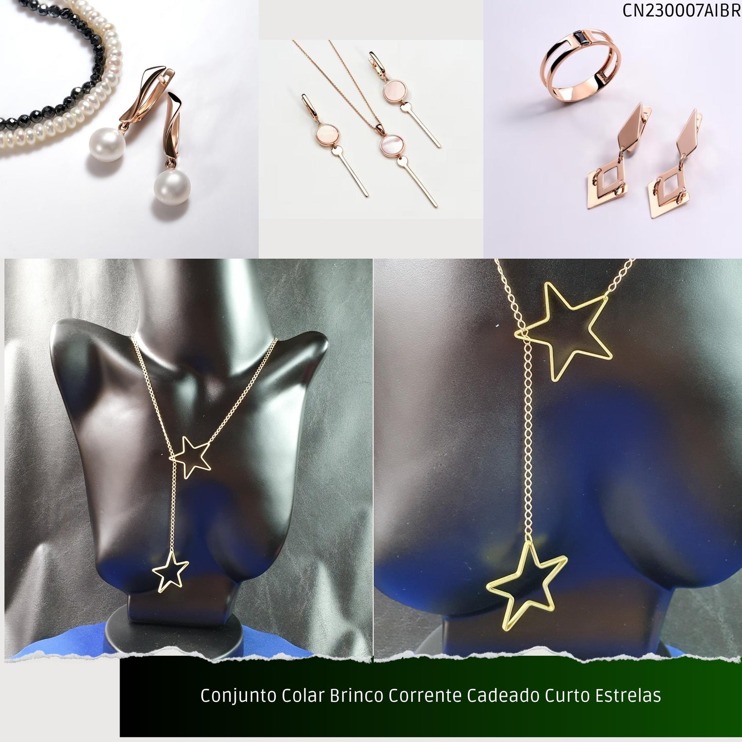 Conjunto Colar Brinco Corrente Cadeado Curto Estrelas  - Código.: CN230007AIBR  - Peso.: 12.6 gr