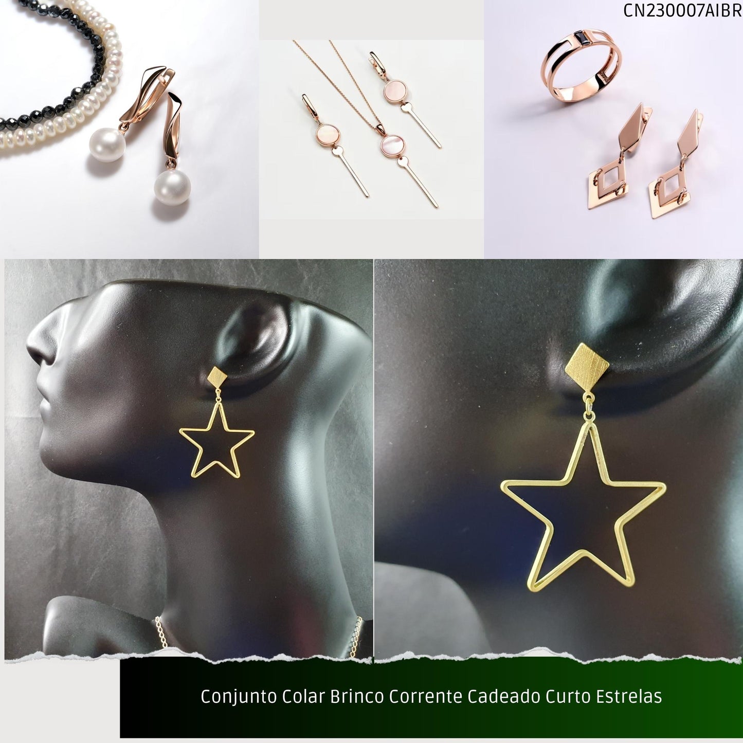 Conjunto Colar Brinco Corrente Cadeado Curto Estrelas  - Código.: CN230007AIBR  - Peso.: 12.6 gr
