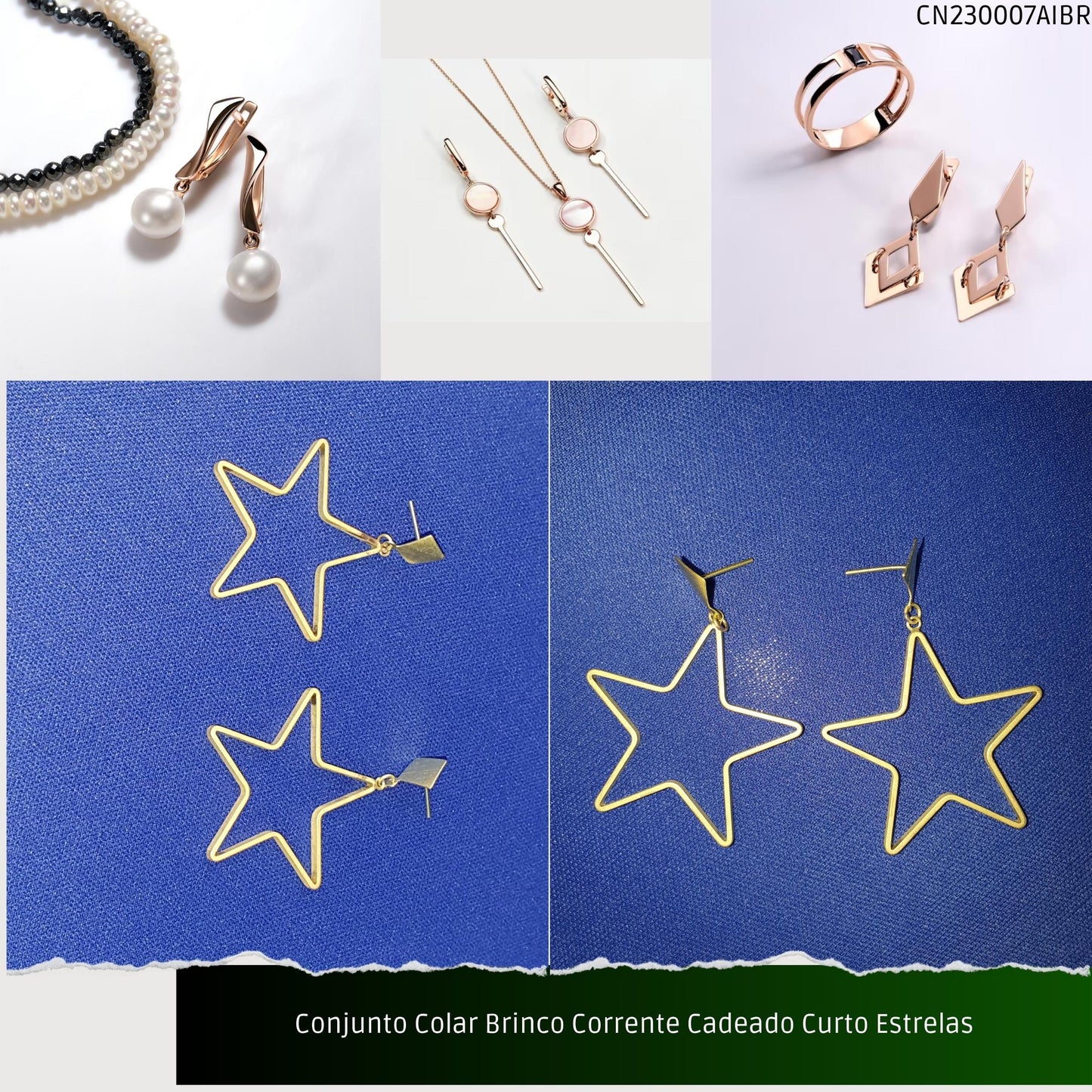 Conjunto Colar Brinco Corrente Cadeado Curto Estrelas  - Código.: CN230007AIBR  - Peso.: 12.6 gr