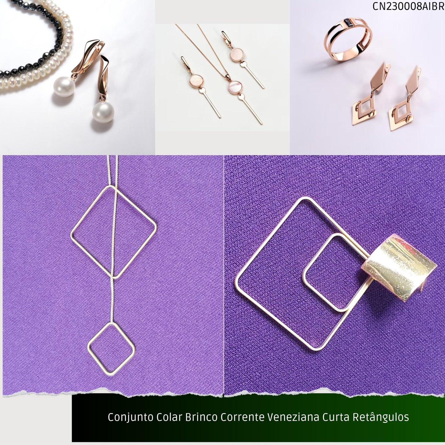 Conjunto Colar Brinco Corrente Veneziana Curta Retângulos  - Código.: CN230008AIBR  - Peso.: 8.0 gr