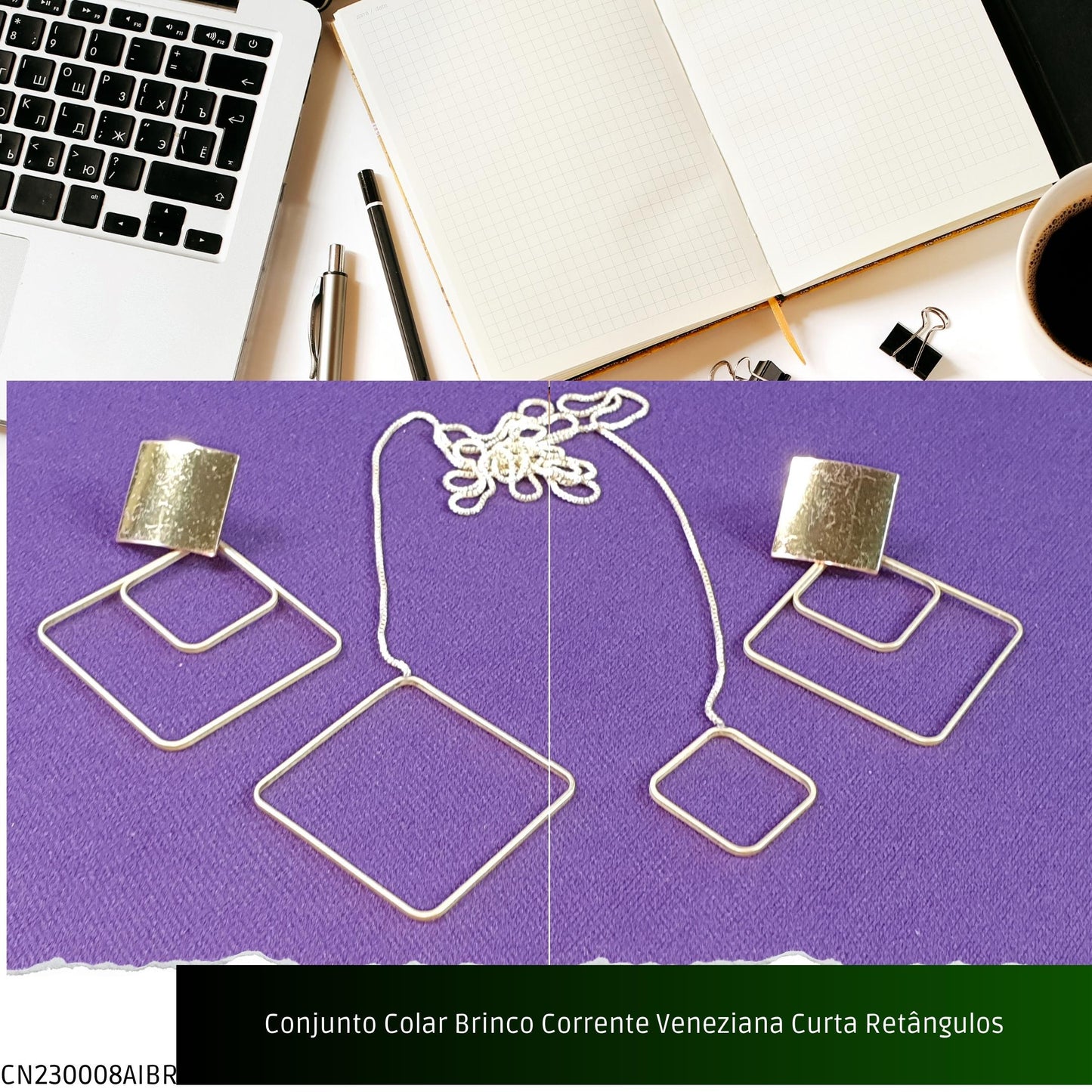 Conjunto Colar Brinco Corrente Veneziana Curta Retângulos  - Código.: CN230008AIBR  - Peso.: 8.0 gr