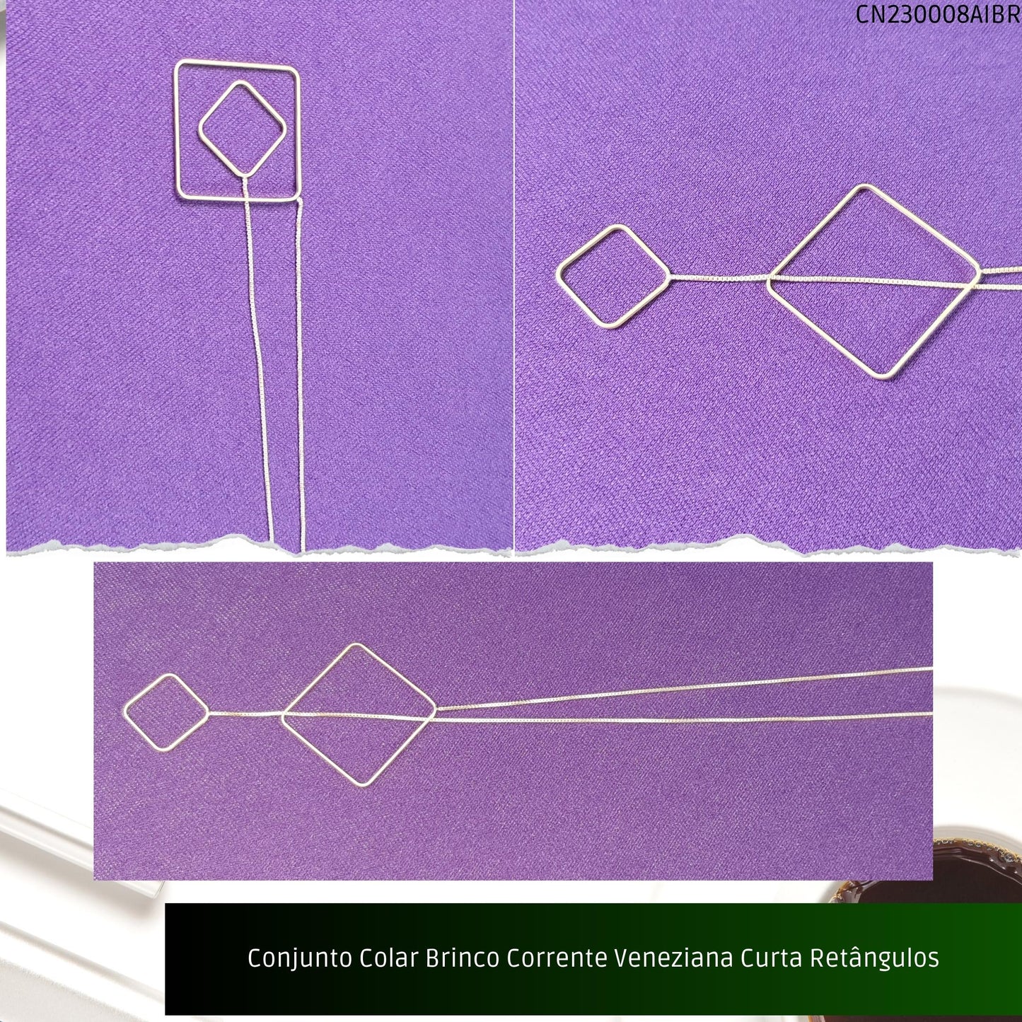 Conjunto Colar Brinco Corrente Veneziana Curta Retângulos  - Código.: CN230008AIBR  - Peso.: 8.0 gr