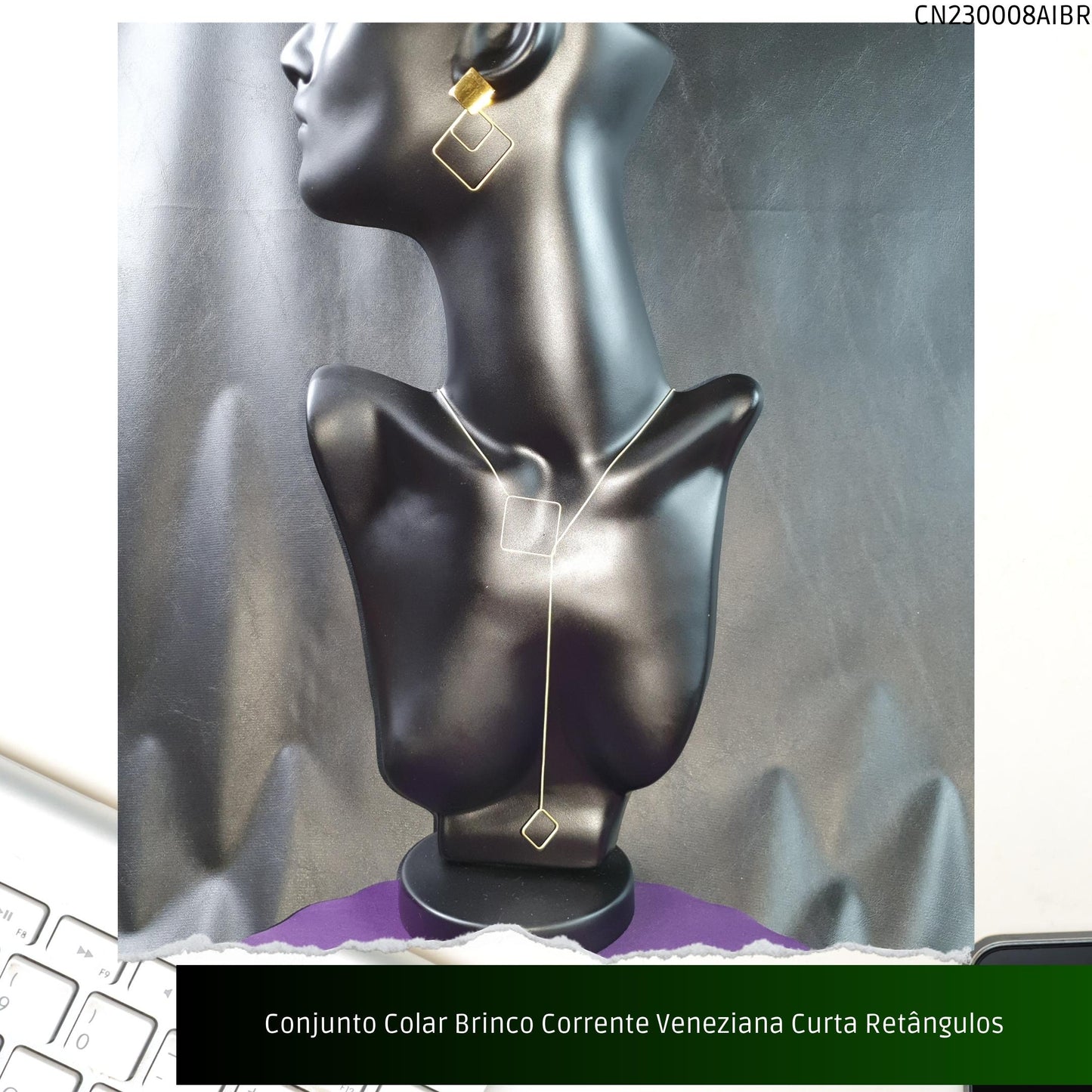 Conjunto Colar Brinco Corrente Veneziana Curta Retângulos  - Código.: CN230008AIBR  - Peso.: 8.0 gr