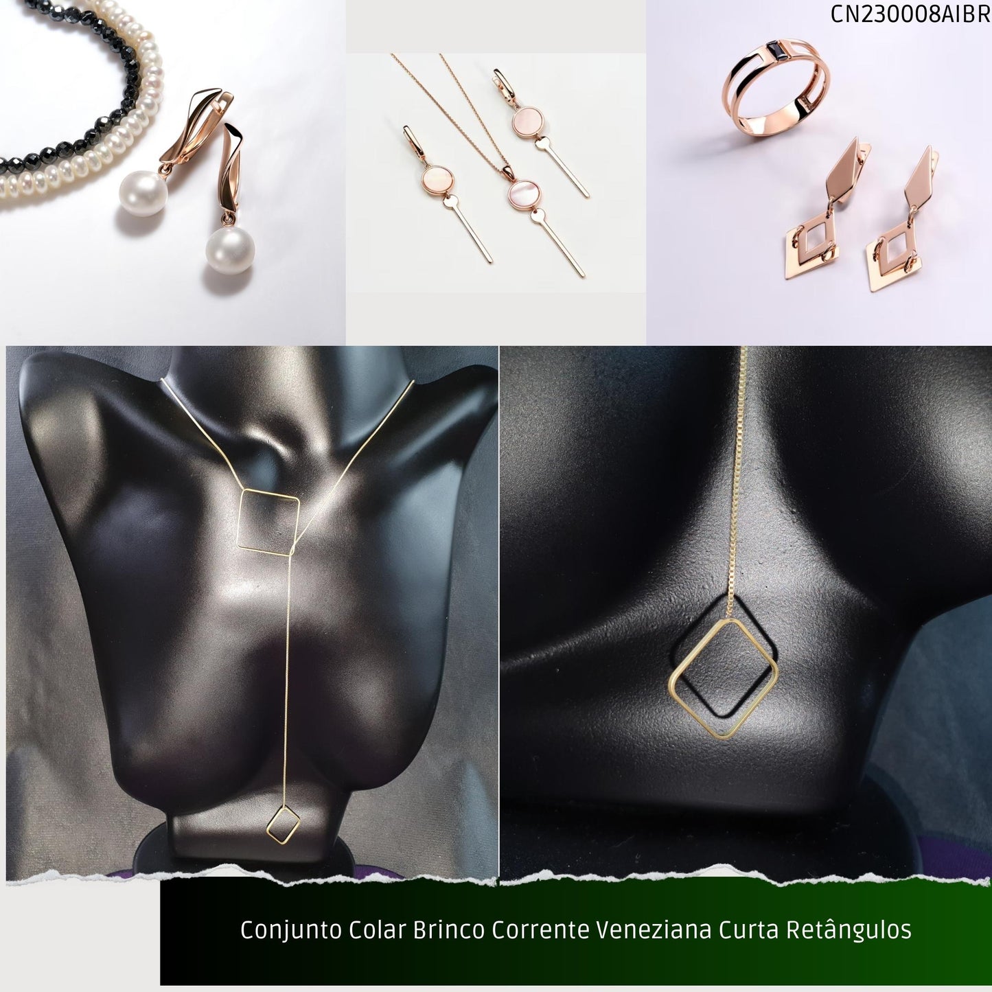 Conjunto Colar Brinco Corrente Veneziana Curta Retângulos  - Código.: CN230008AIBR  - Peso.: 8.0 gr