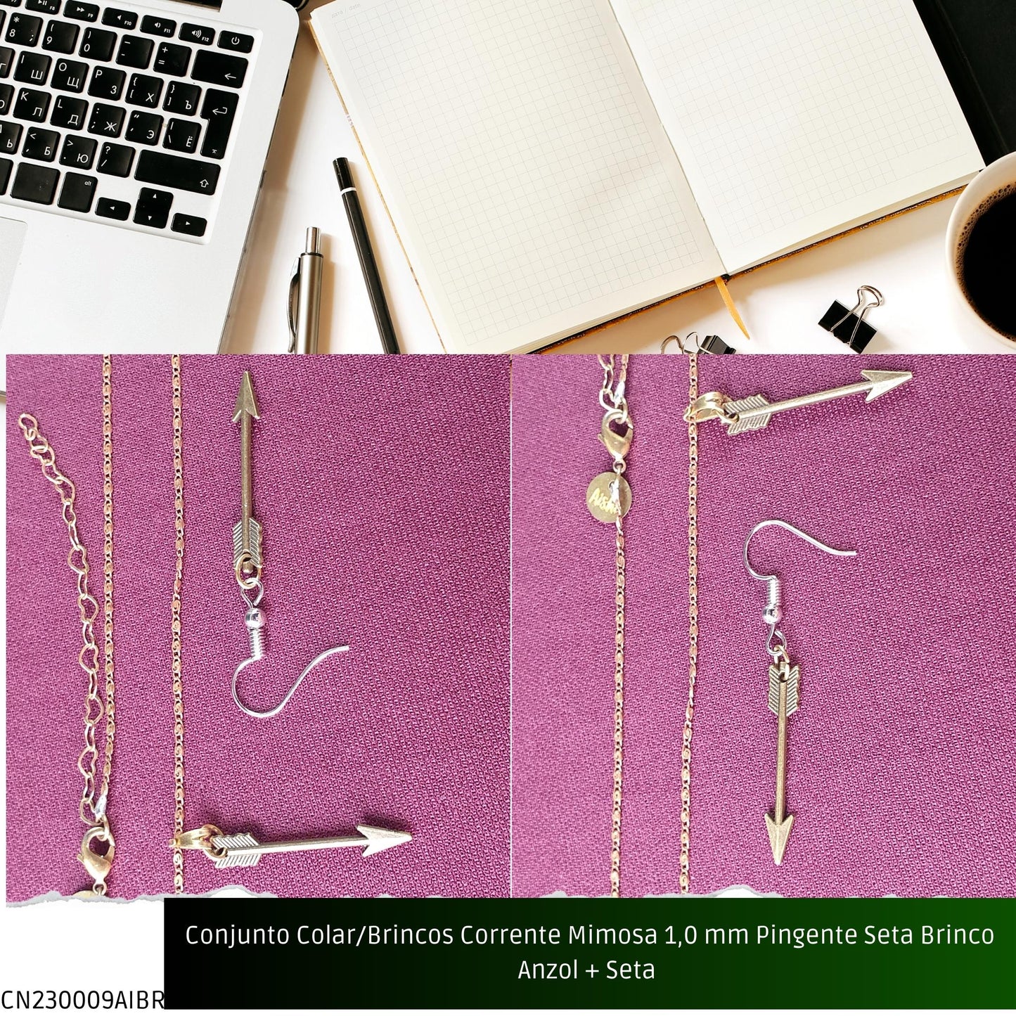 Conjunto Colar/Brincos Corrente Mimosa 1.0 mm Pingente Seta Brinco Anzol + Seta   - Código.: CN230009AIBR  - Peso.: 5.0 gr