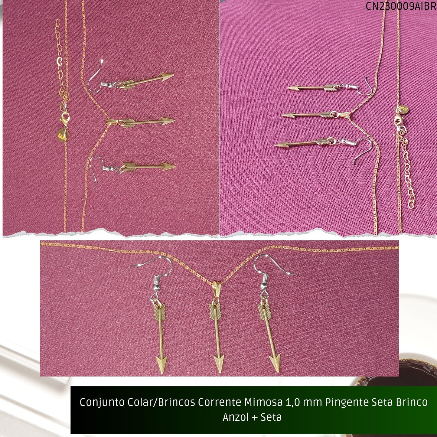 Conjunto Colar/Brincos Corrente Mimosa 1.0 mm Pingente Seta Brinco Anzol + Seta   - Código.: CN230009AIBR  - Peso.: 5.0 gr