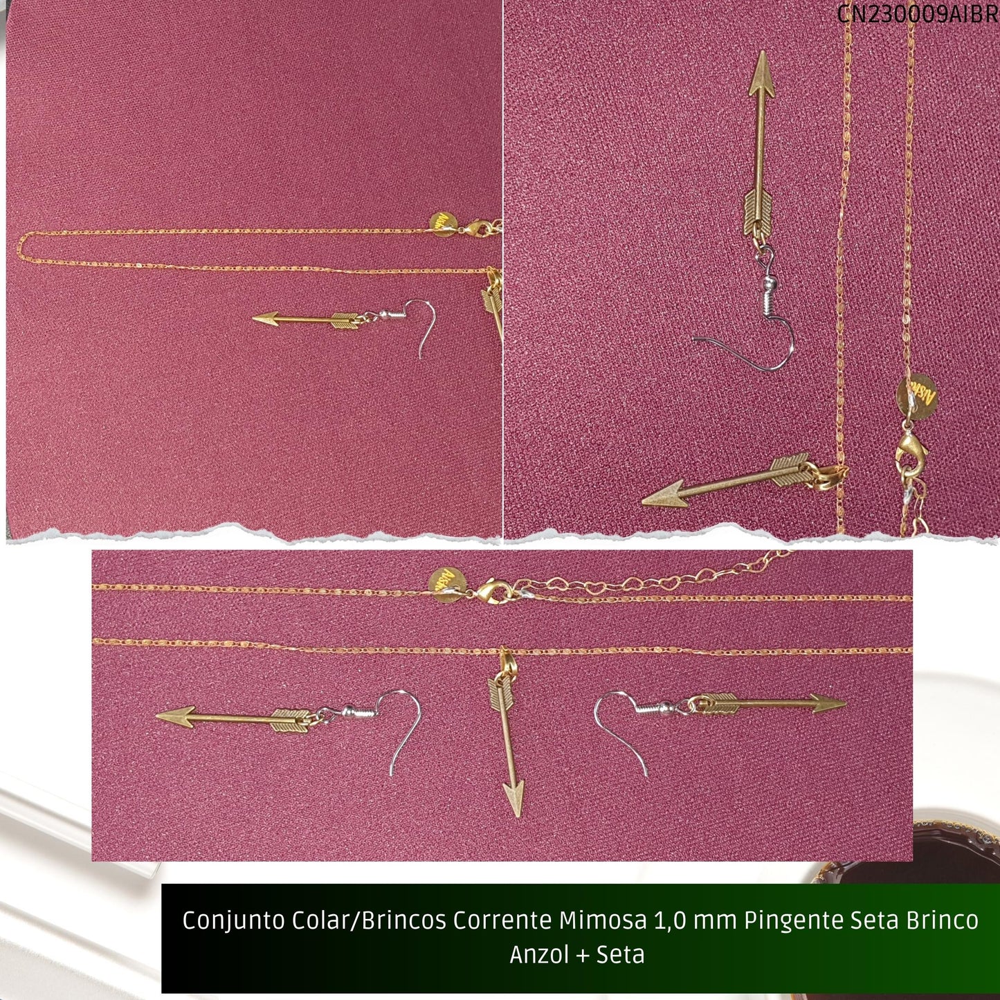 Conjunto Colar/Brincos Corrente Mimosa 1.0 mm Pingente Seta Brinco Anzol + Seta   - Código.: CN230009AIBR  - Peso.: 5.0 gr