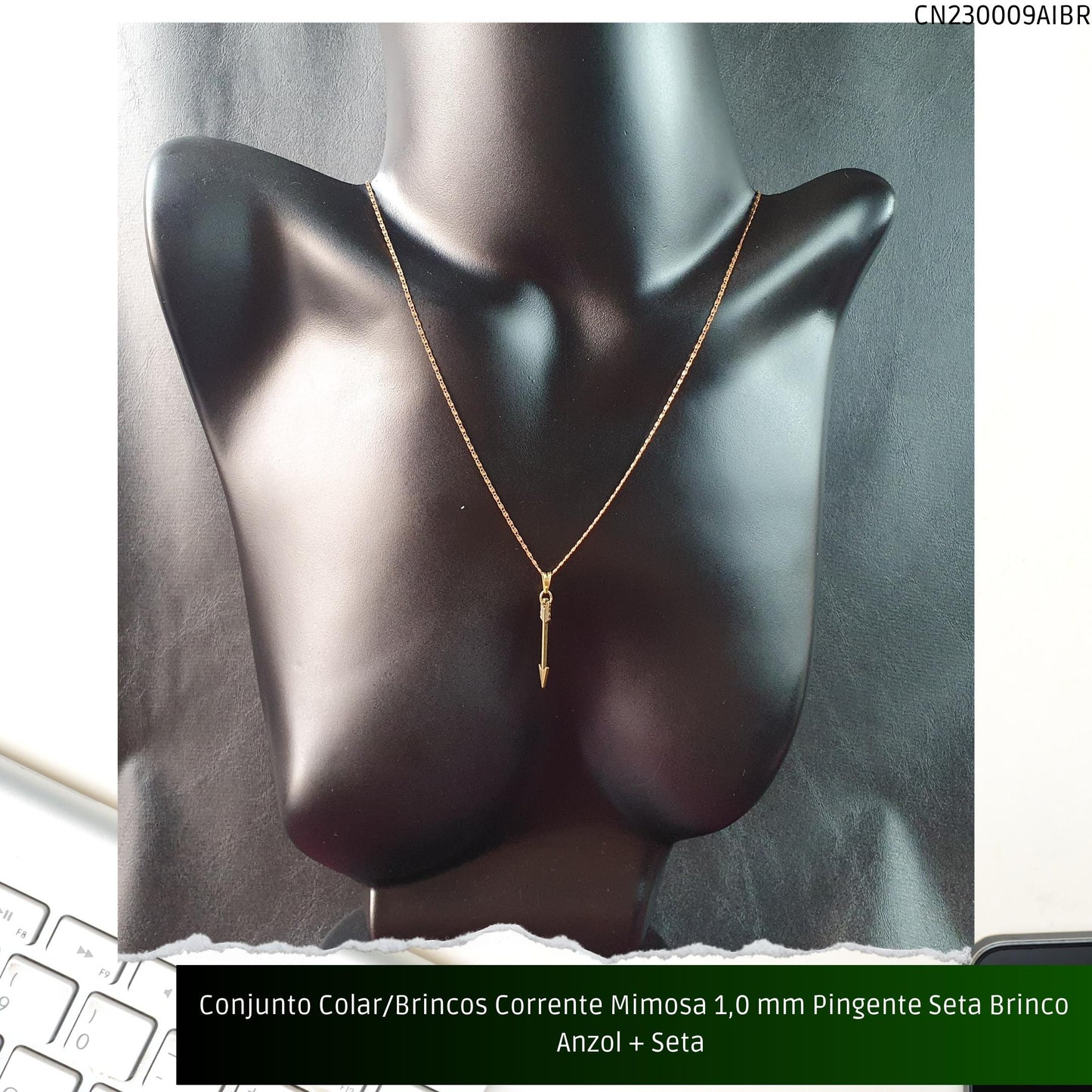 Conjunto Colar/Brincos Corrente Mimosa 1.0 mm Pingente Seta Brinco Anzol + Seta   - Código.: CN230009AIBR  - Peso.: 5.0 gr