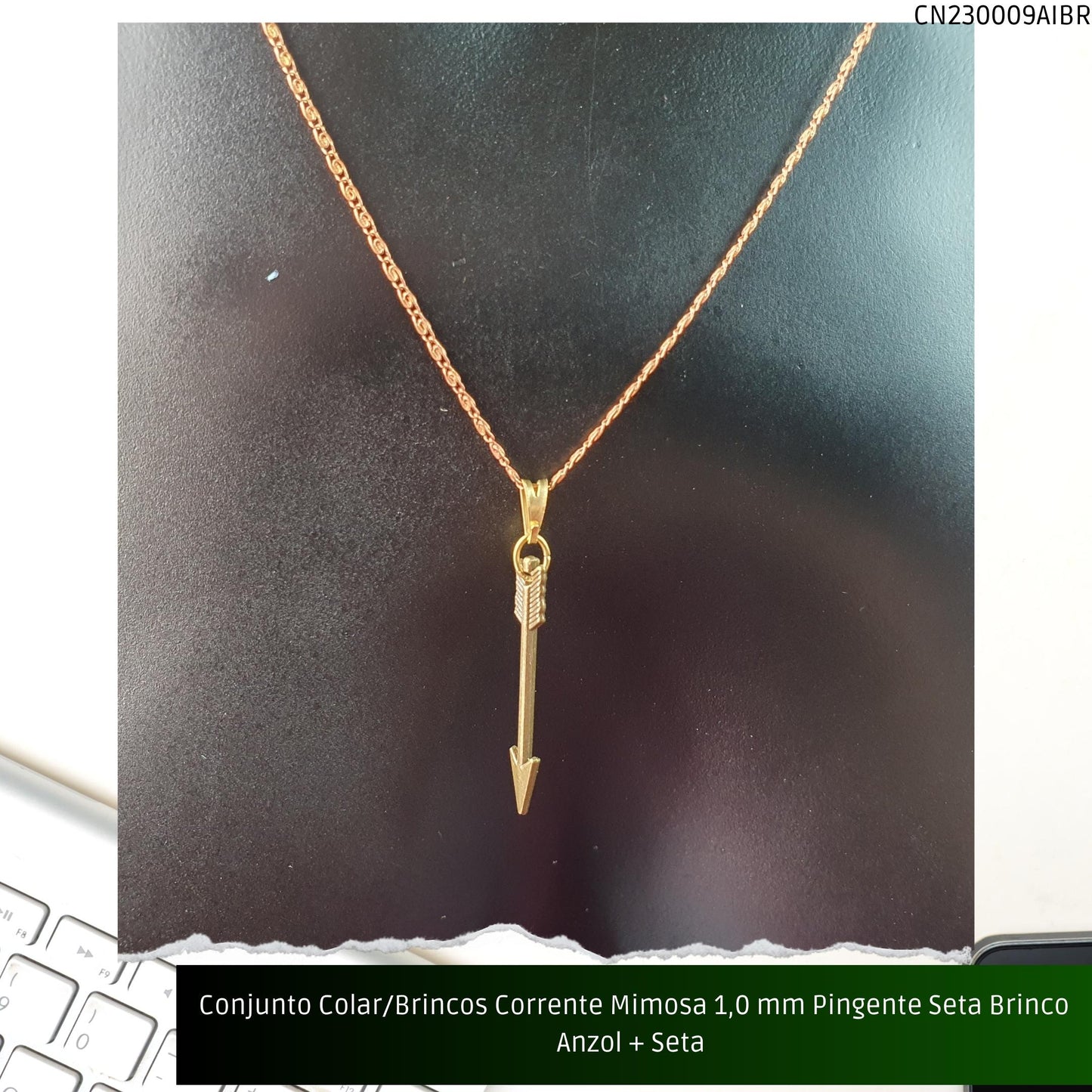 Conjunto Colar/Brincos Corrente Mimosa 1.0 mm Pingente Seta Brinco Anzol + Seta   - Código.: CN230009AIBR  - Peso.: 5.0 gr