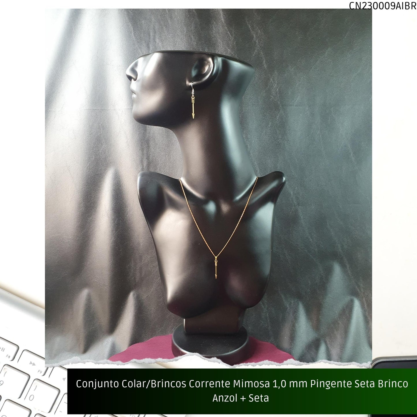 Conjunto Colar/Brincos Corrente Mimosa 1.0 mm Pingente Seta Brinco Anzol + Seta   - Código.: CN230009AIBR  - Peso.: 5.0 gr