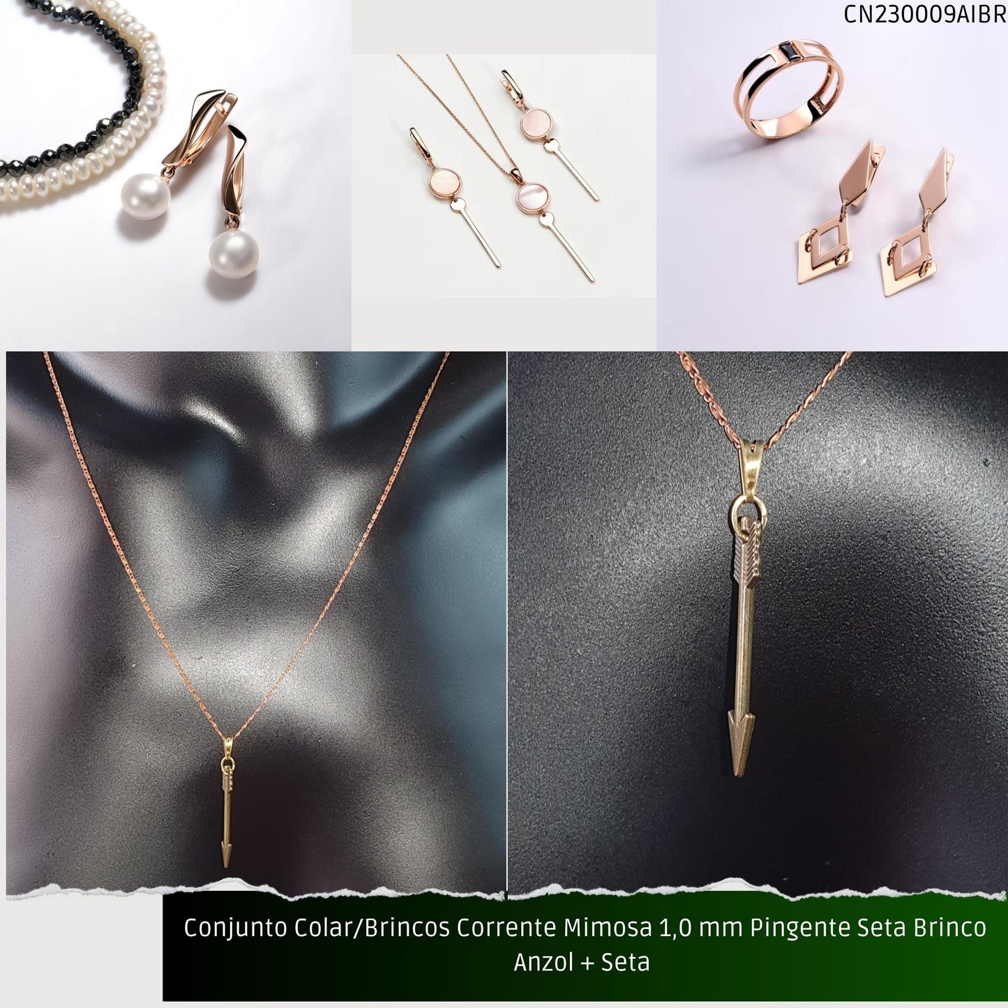 Conjunto Colar/Brincos Corrente Mimosa 1.0 mm Pingente Seta Brinco Anzol + Seta   - Código.: CN230009AIBR  - Peso.: 5.0 gr