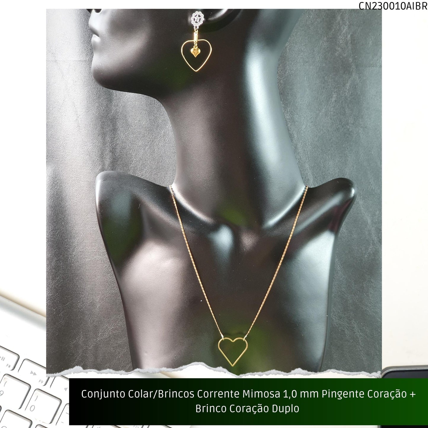Conjunto Colar/Brincos Corrente Mimosa 1.0 mm Pingente Coração + Brinco Coração Duplo   - Código.: CN230010AIBR  - Peso.: 8.0 gr