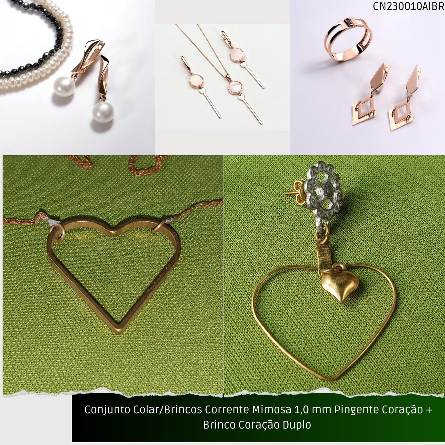 Conjunto Colar/Brincos Corrente Mimosa 1.0 mm Pingente Coração + Brinco Coração Duplo   - Código.: CN230010AIBR  - Peso.: 8.0 gr