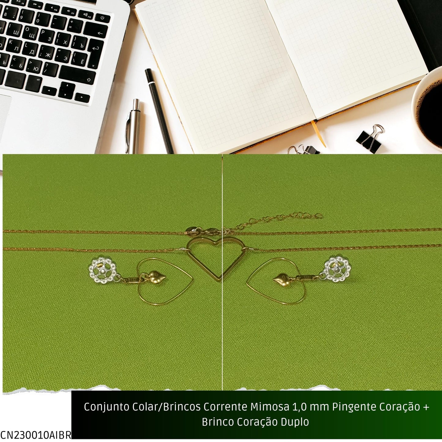 Conjunto Colar/Brincos Corrente Mimosa 1.0 mm Pingente Coração + Brinco Coração Duplo   - Código.: CN230010AIBR  - Peso.: 8.0 gr